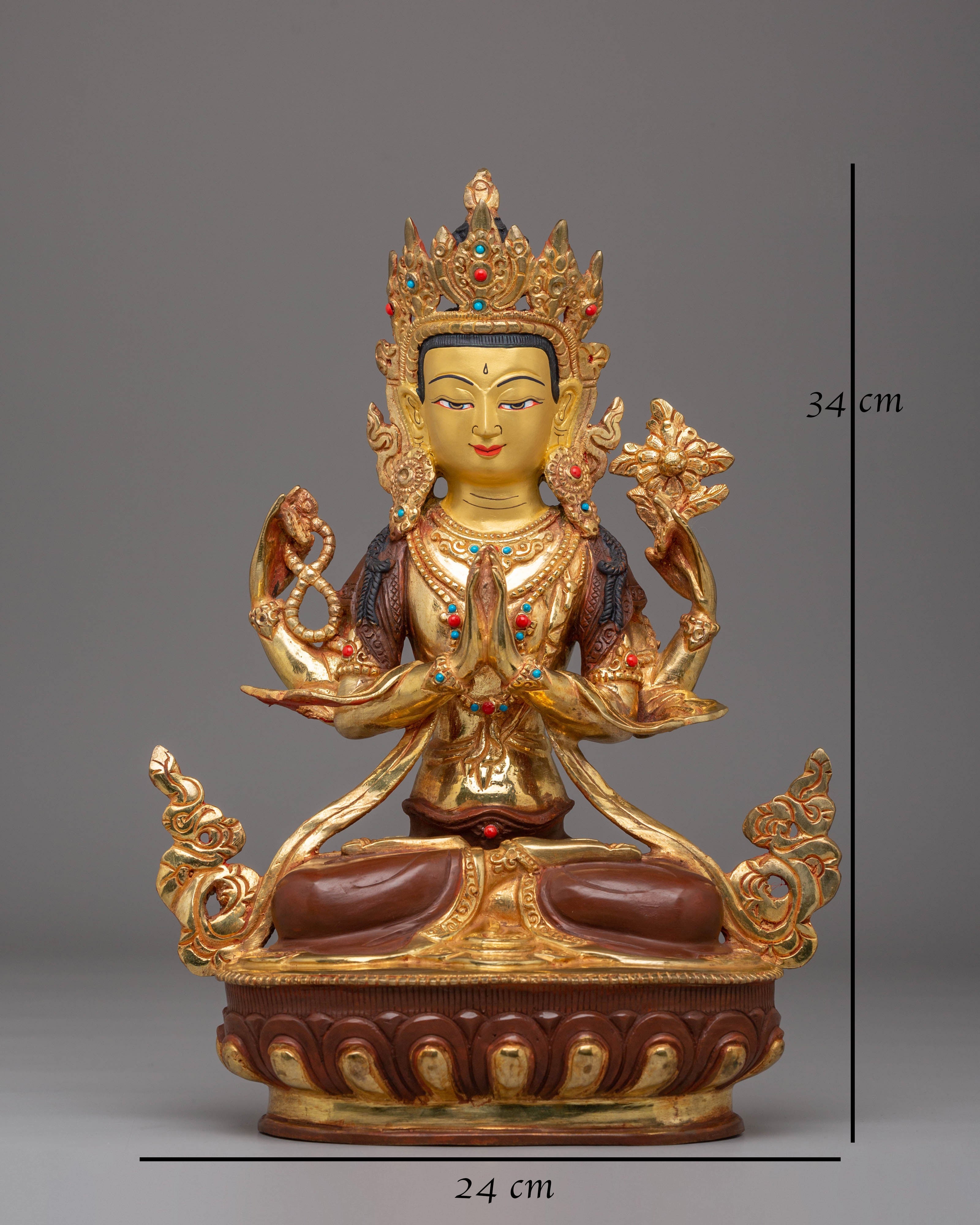 Sacred Bodhisattva Chenrezig Statue | Copper, Gold-Plated, Coral & Turquoise Inlays