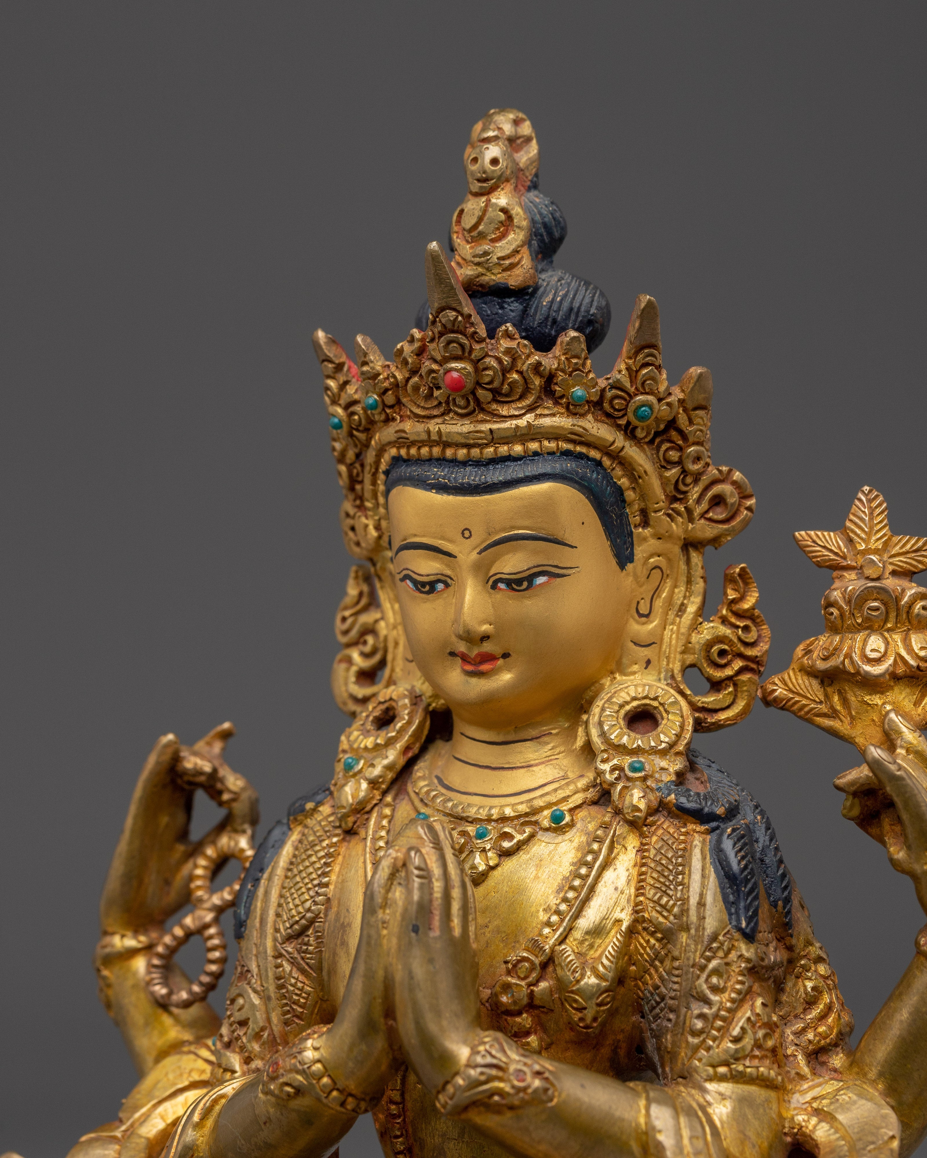 Four-Armed Chenrezig Deity in Copper | Buddhist Statue for Compassion