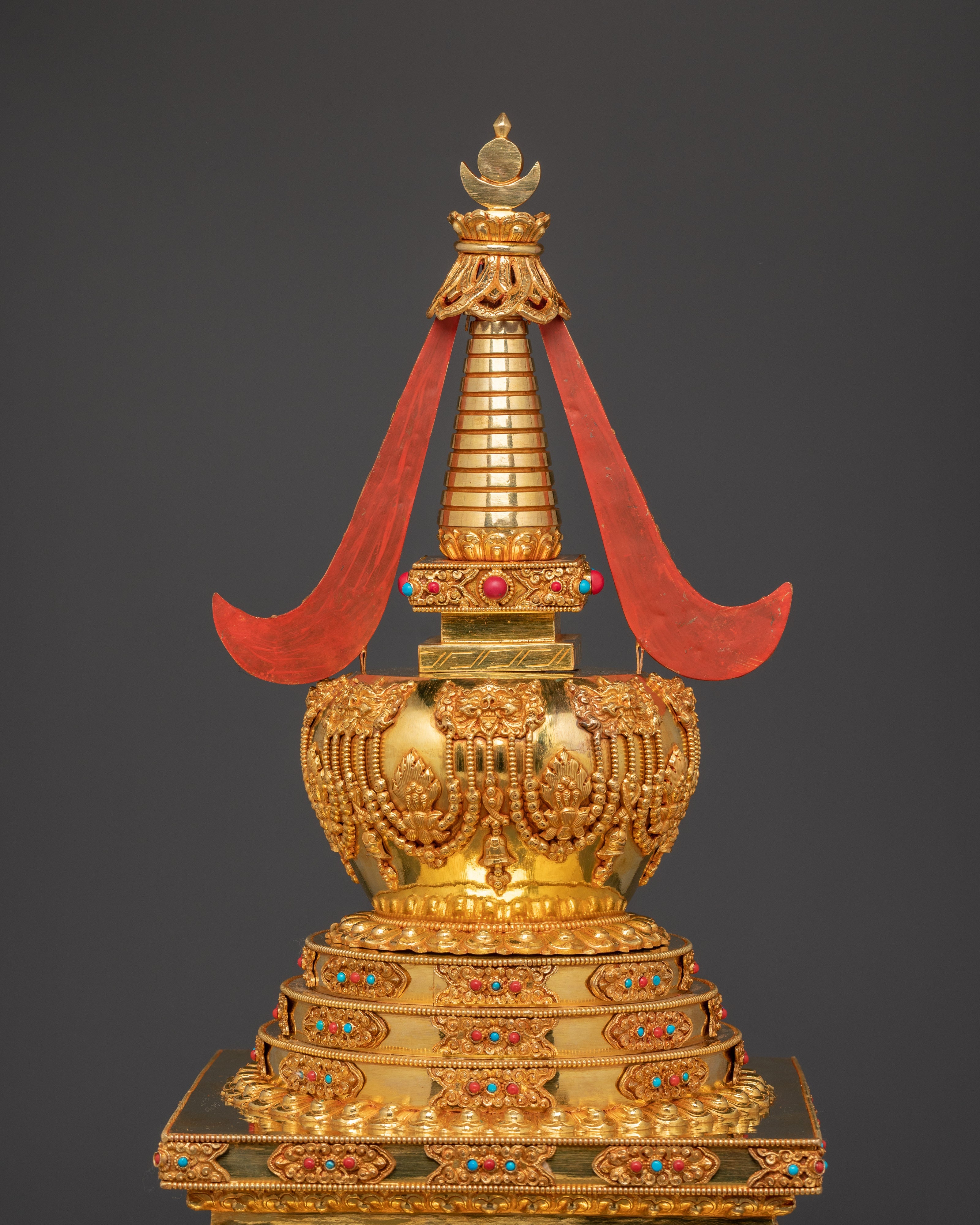 Gold-Plated Copper Buddhist Stupa for Tibetan Altar