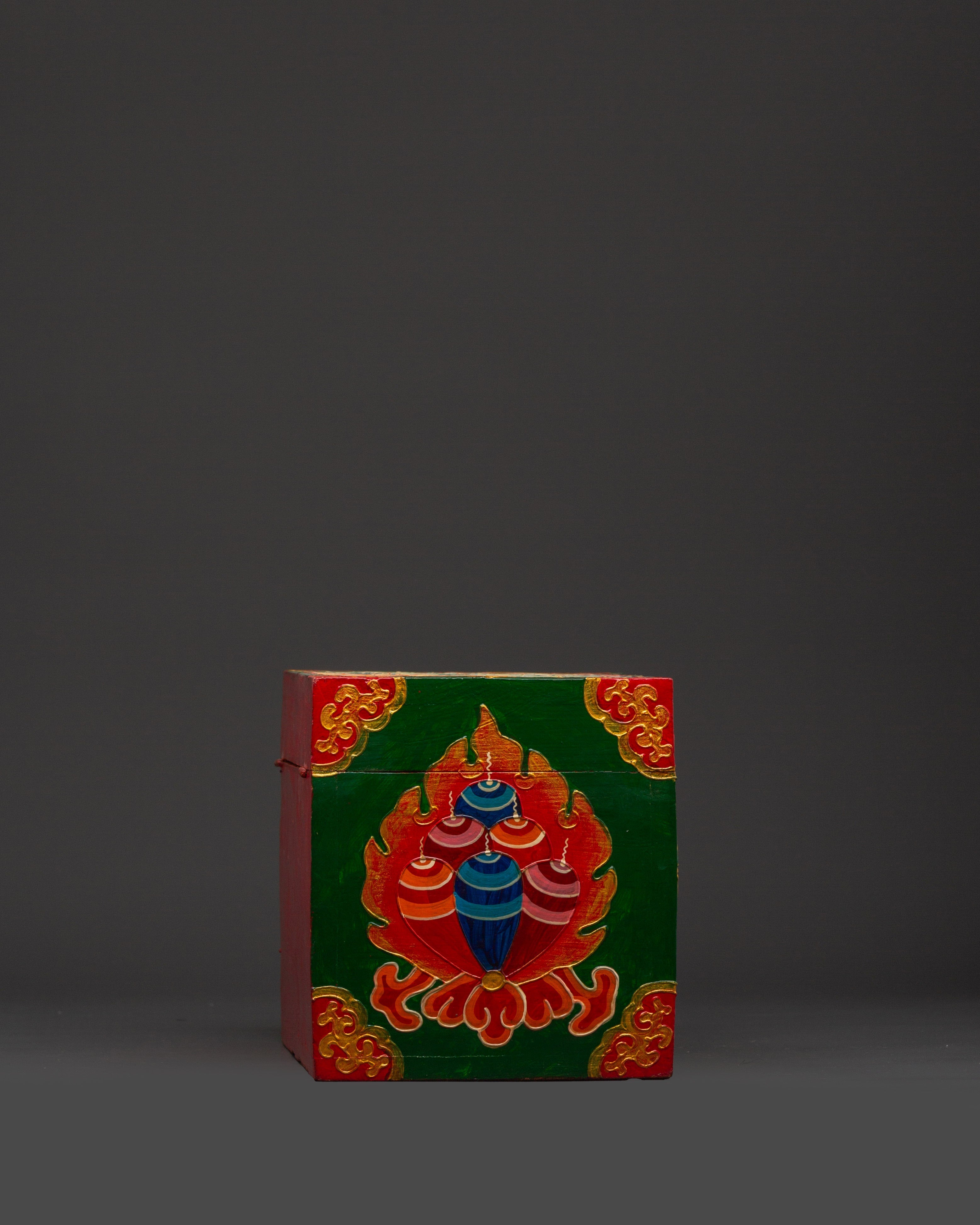 Tibetan Wooden Box with Snow Lions | Sacred Hand-Painted Ritual Chest
