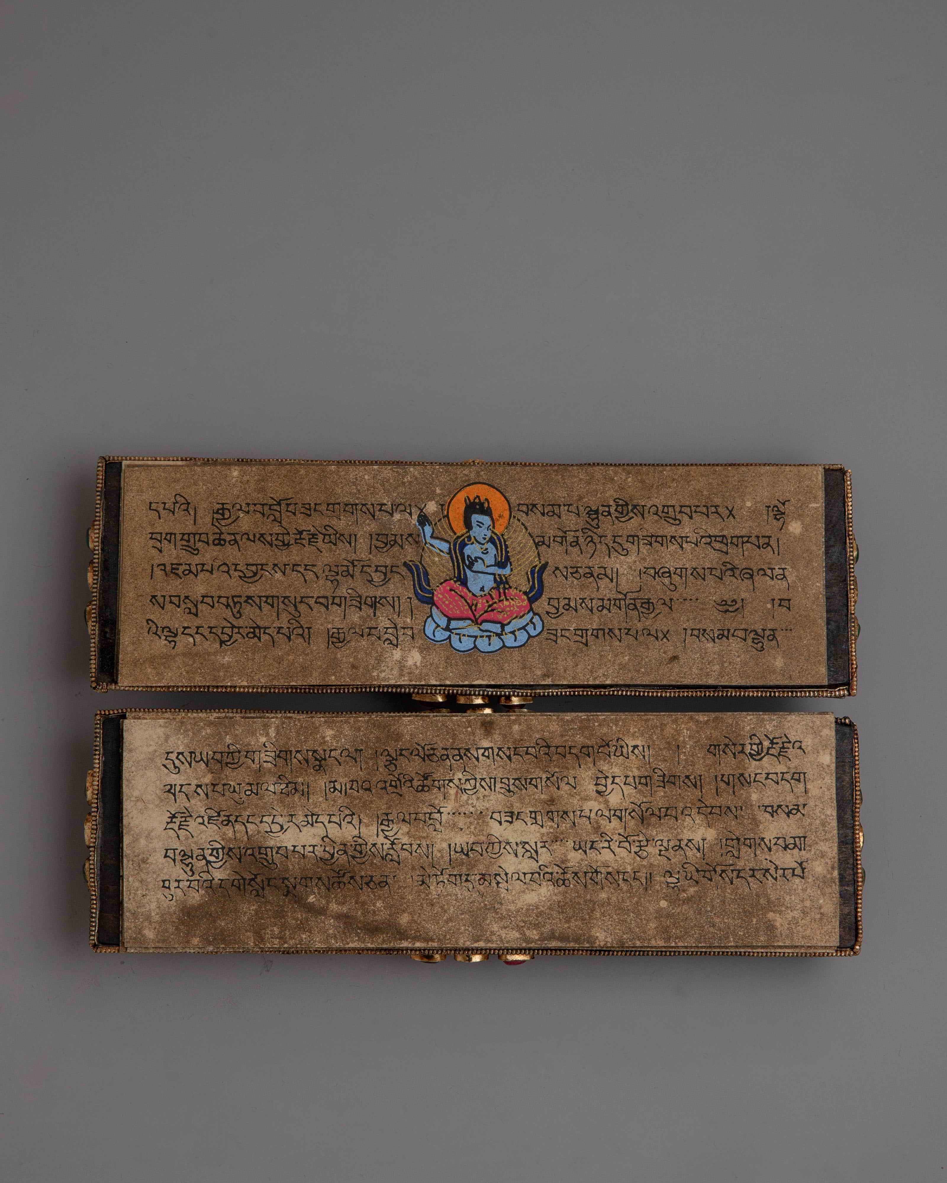 Handmade Tibetan Prayer Book: Elegant Spiritual Text with Copper and Gem Inlays