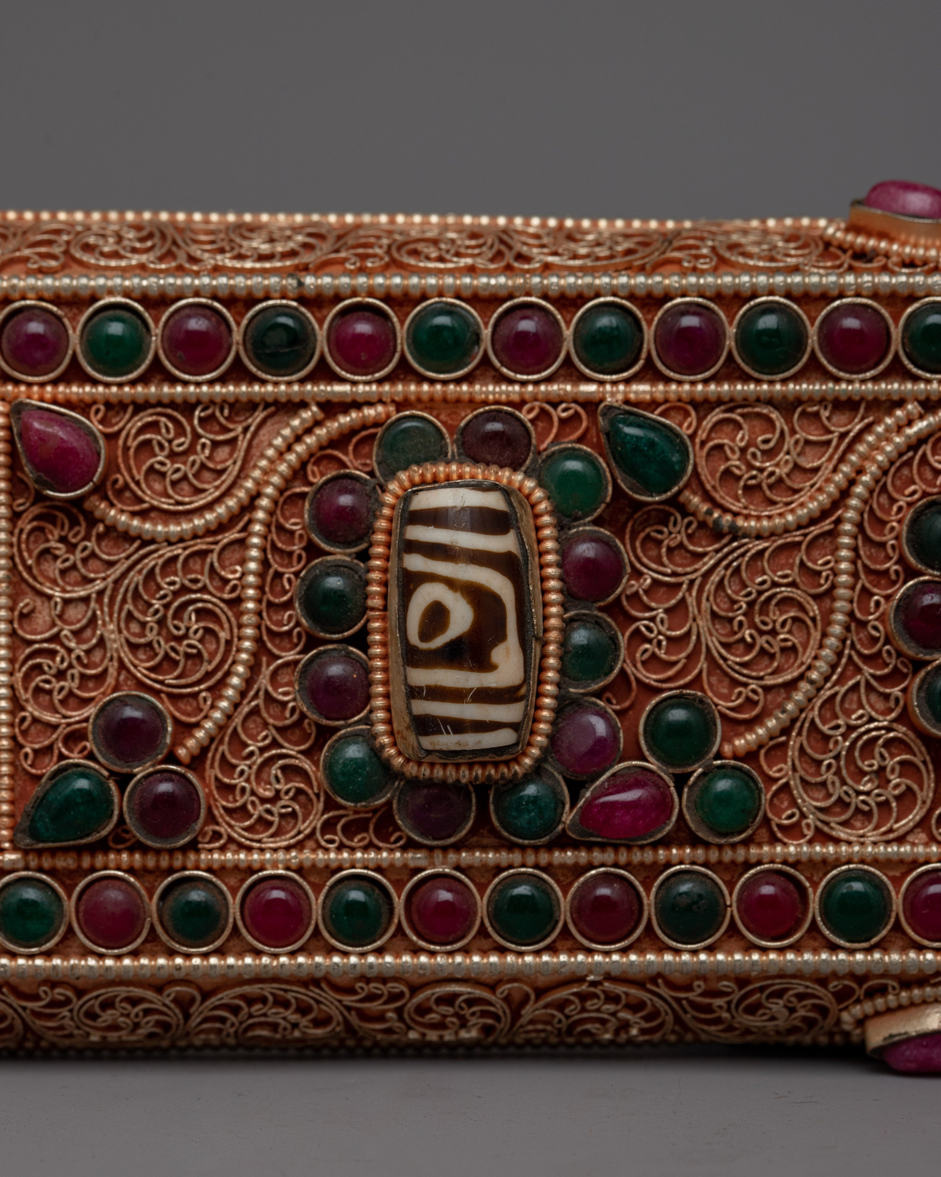 Decorative Tibetan Prayer Book | Elegant Spiritual Text with Copper and Gem Inlays