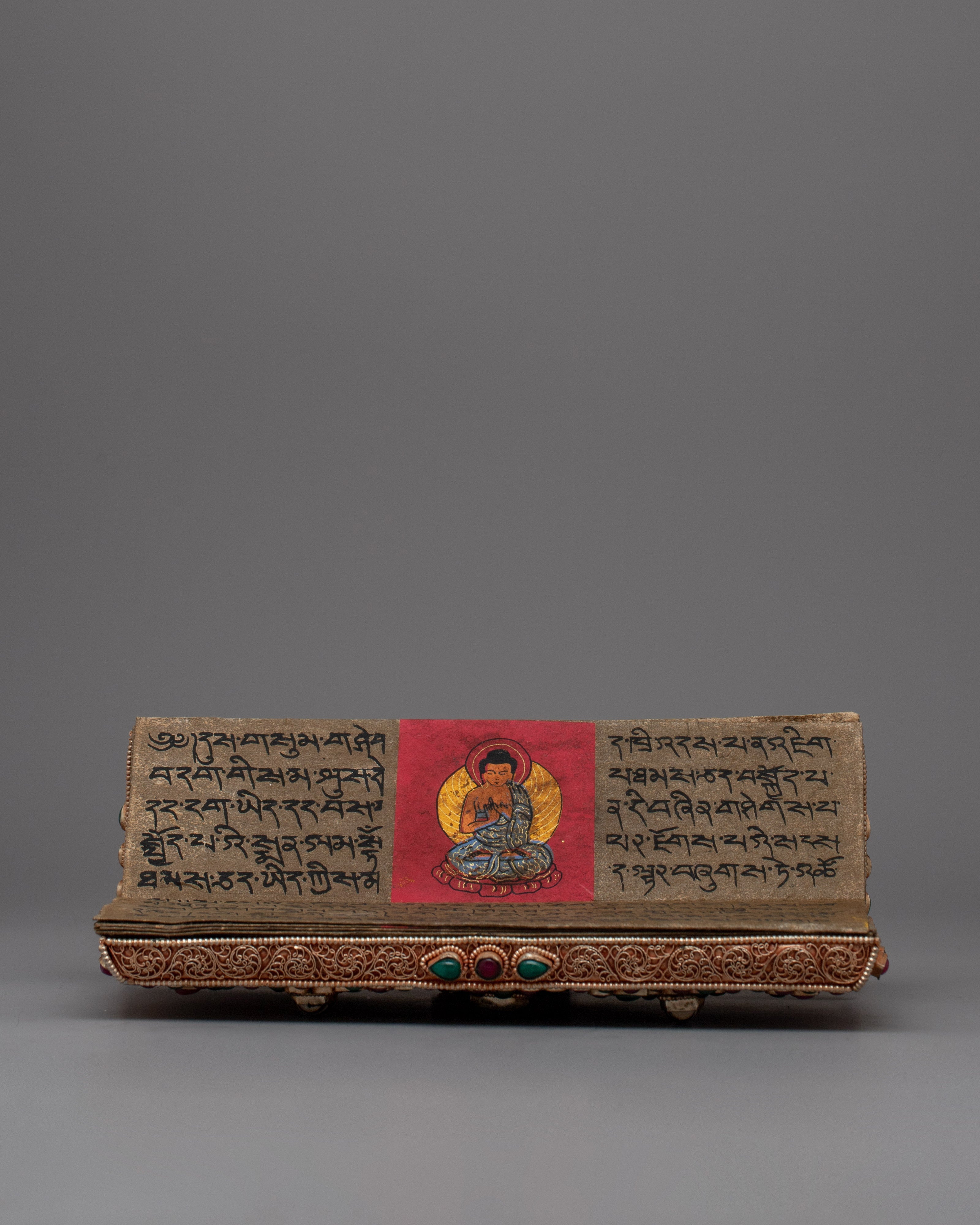 Decorative Tibetan Prayer Book | Elegant Spiritual Text with Copper and Gem Inlays