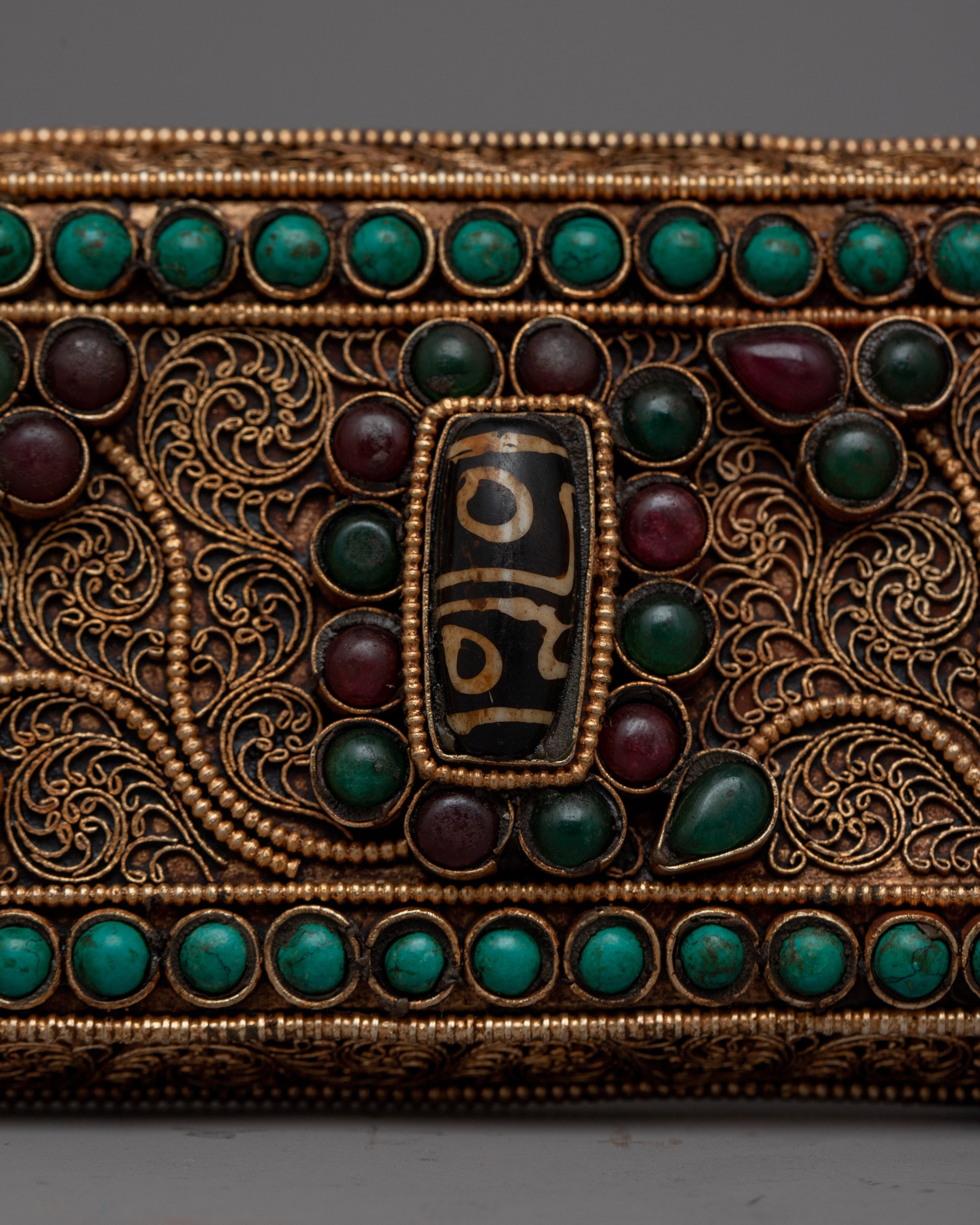 Decorative Tibetan Prayer Book | Elegant Spiritual Text with Copper and Gem Inlays
