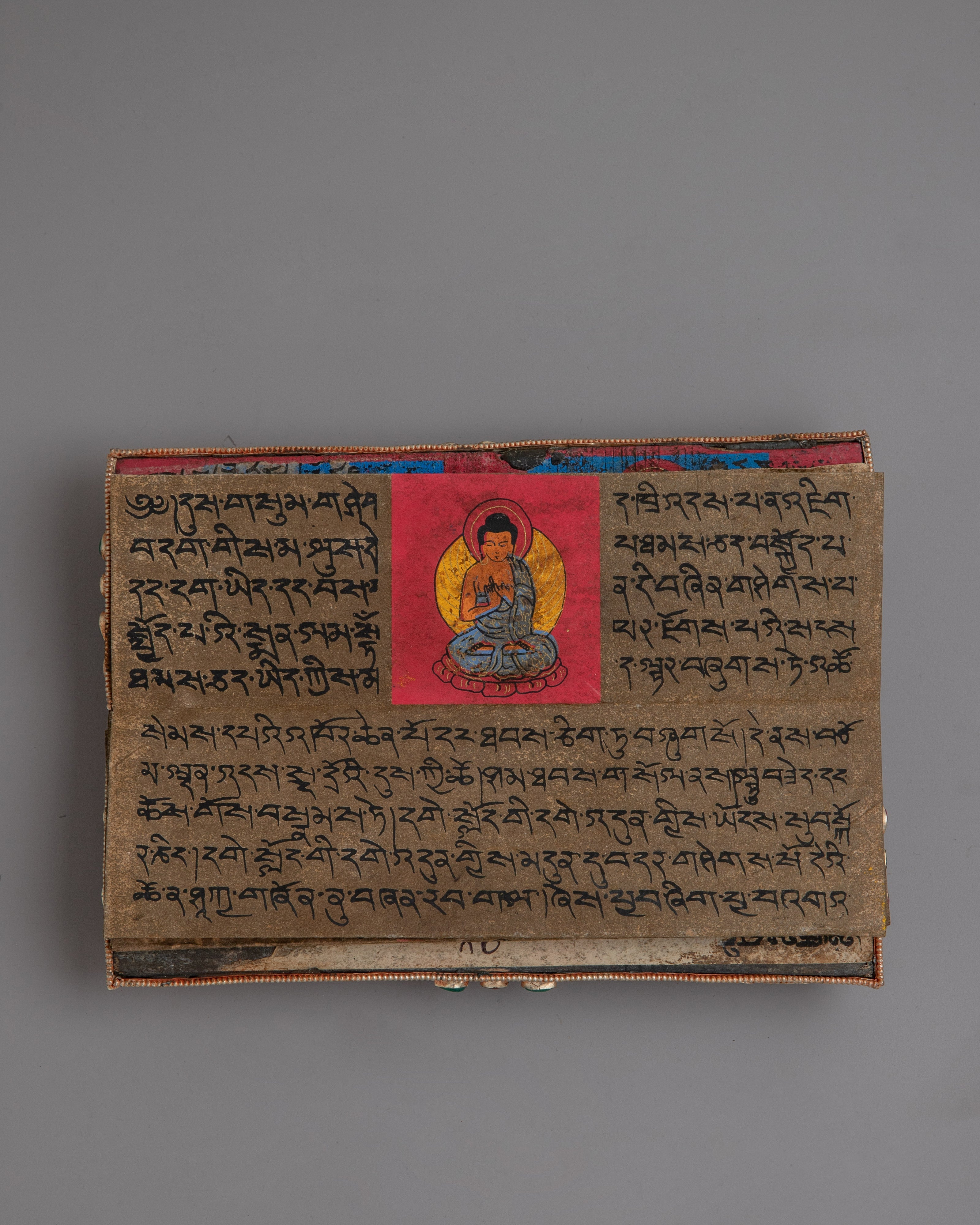 Decorative Tibetan Prayer Book | Elegant Spiritual Text with Copper and Gem Inlays