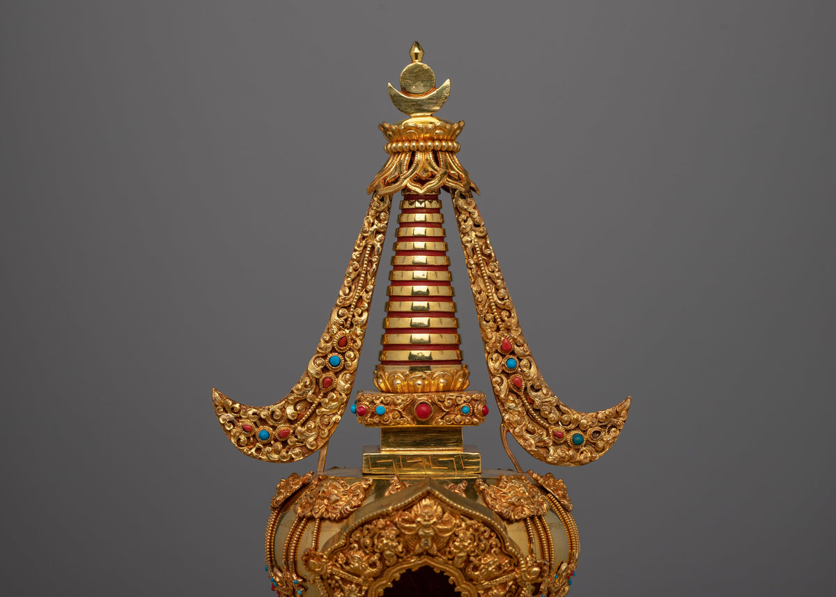 Tibetan Shrine Stupa | Gold Plated Traditional Buddhist Chorten for Meditation and Offerings