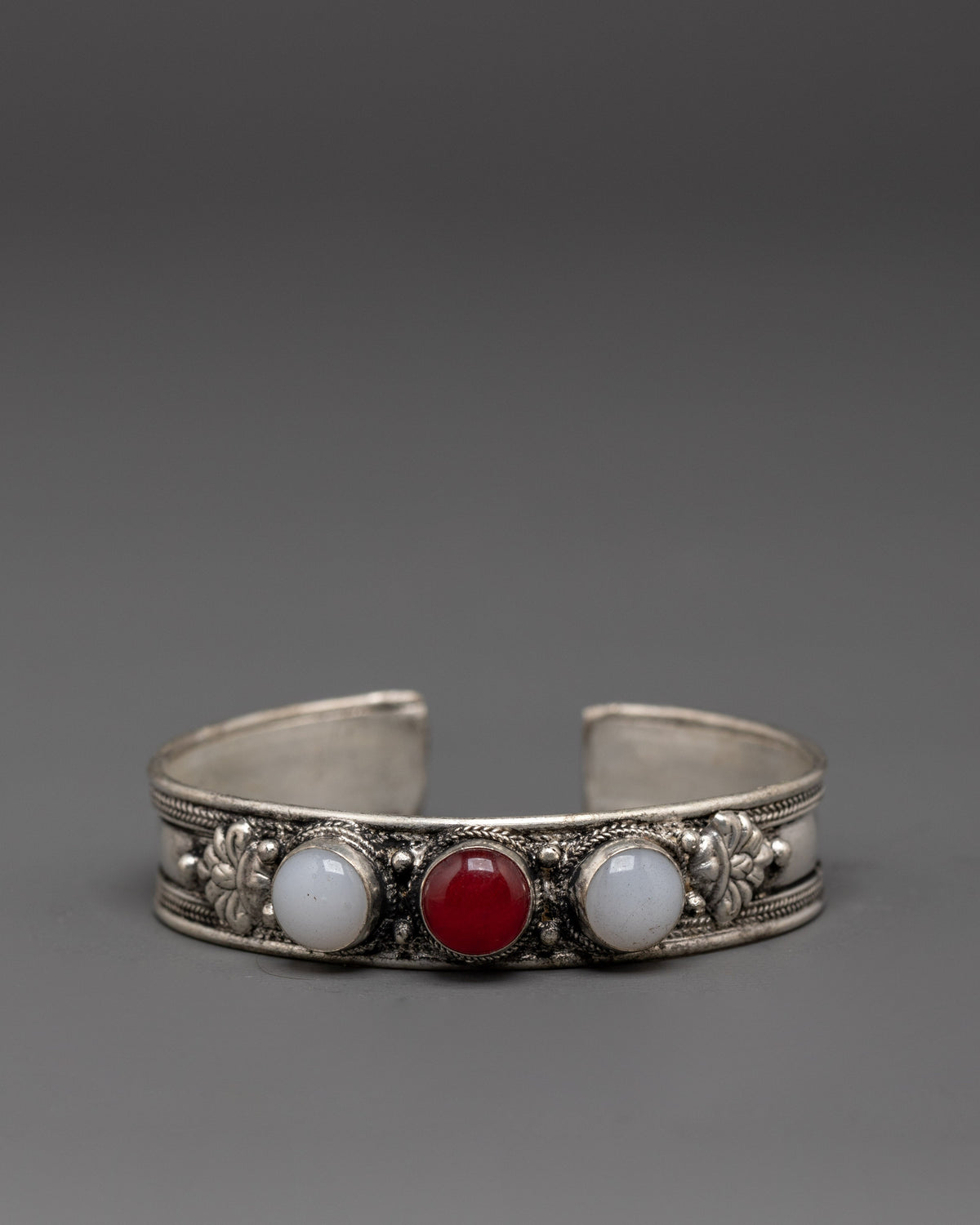 Handcrafted Himalayan Cuff Bracelet | White Agate Red Coral Jewelry
