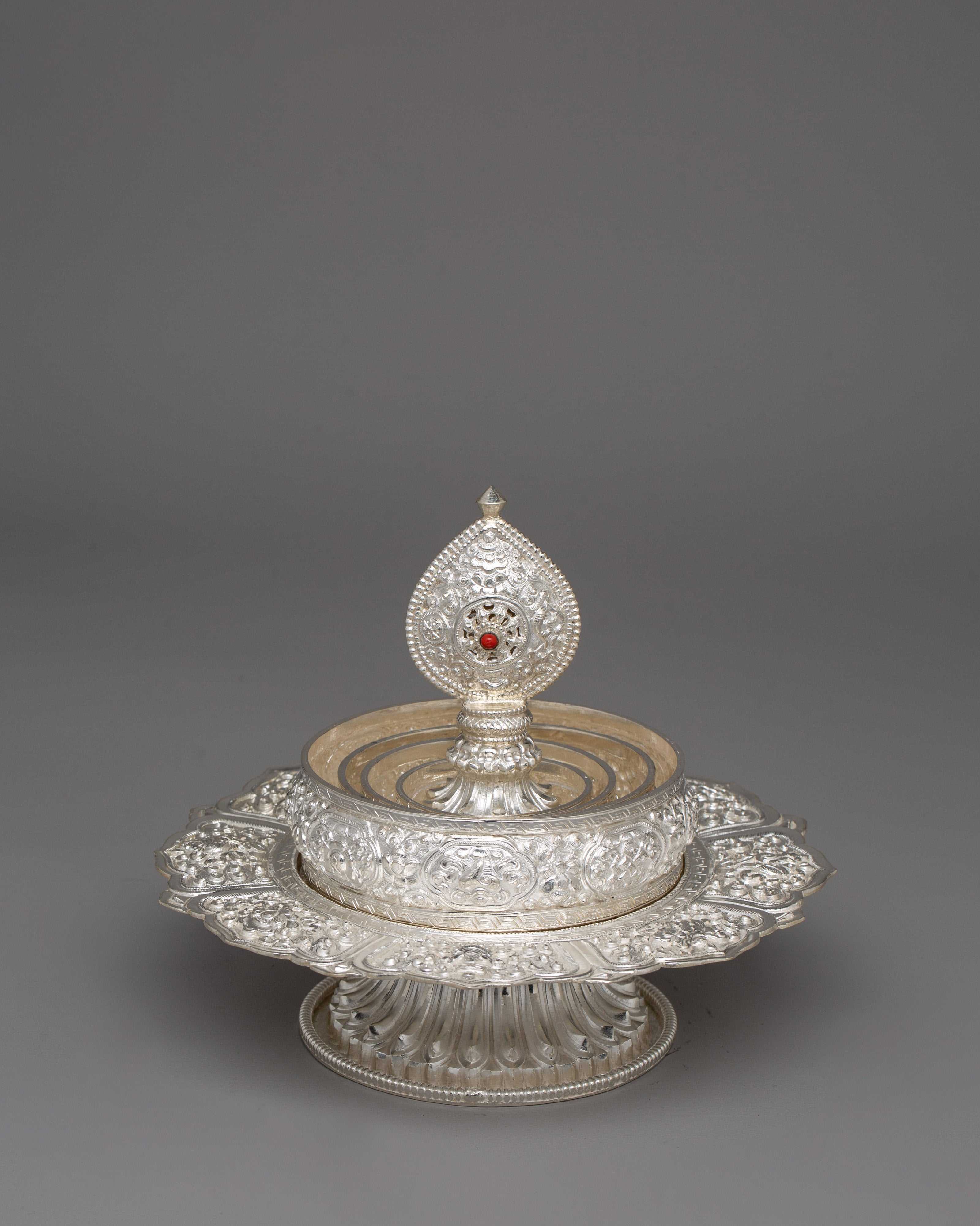 Handcrafted Silver Ritual Item Mandala Offering Set | 17.5cm Rice Offering Set