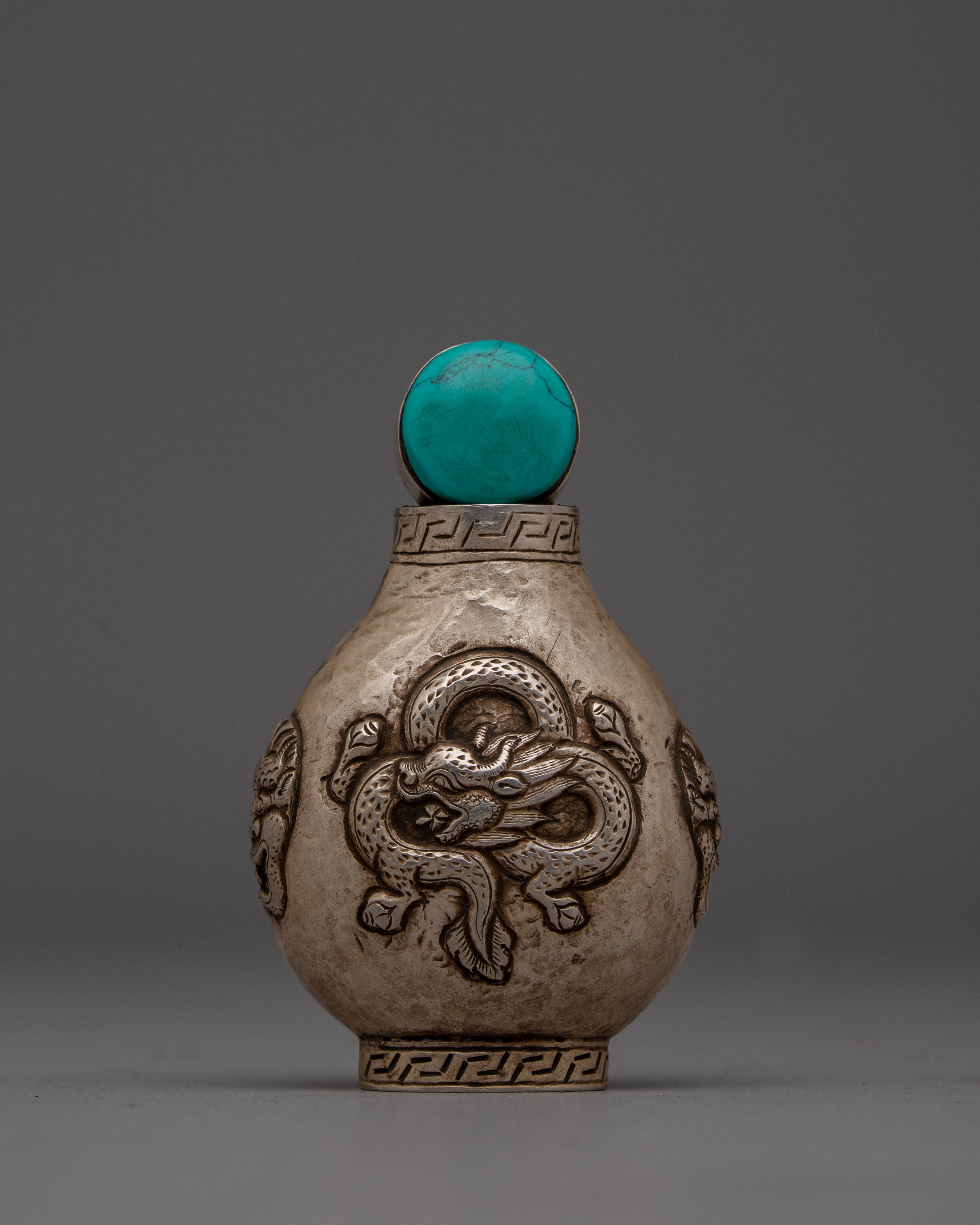 Tibetan Snuff Bottle Silver With Turquoise Top | Silver Body and Turquoise Top for Elegant Display