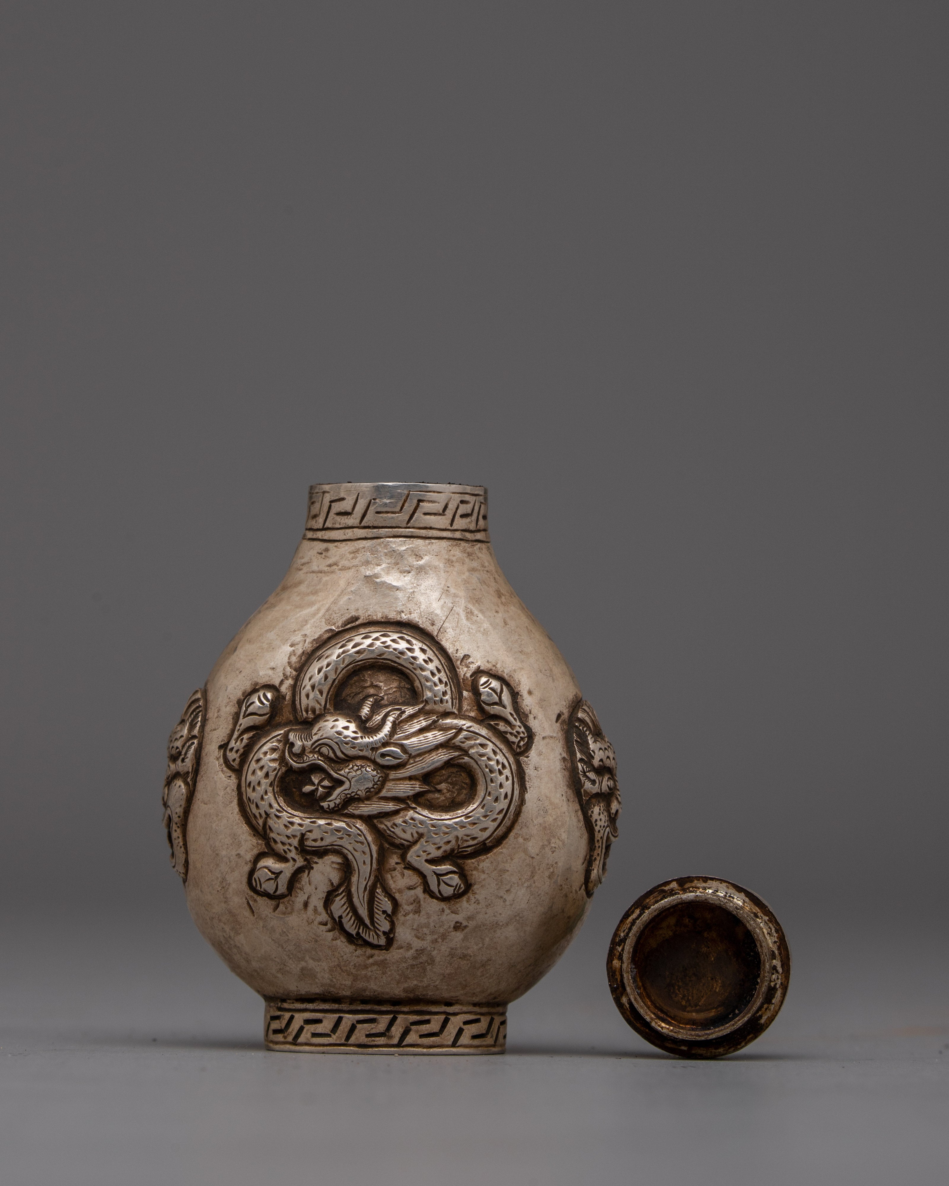 Tibetan Snuff Bottle Silver With Turquoise Top | Silver Body and Turquoise Top for Elegant Display