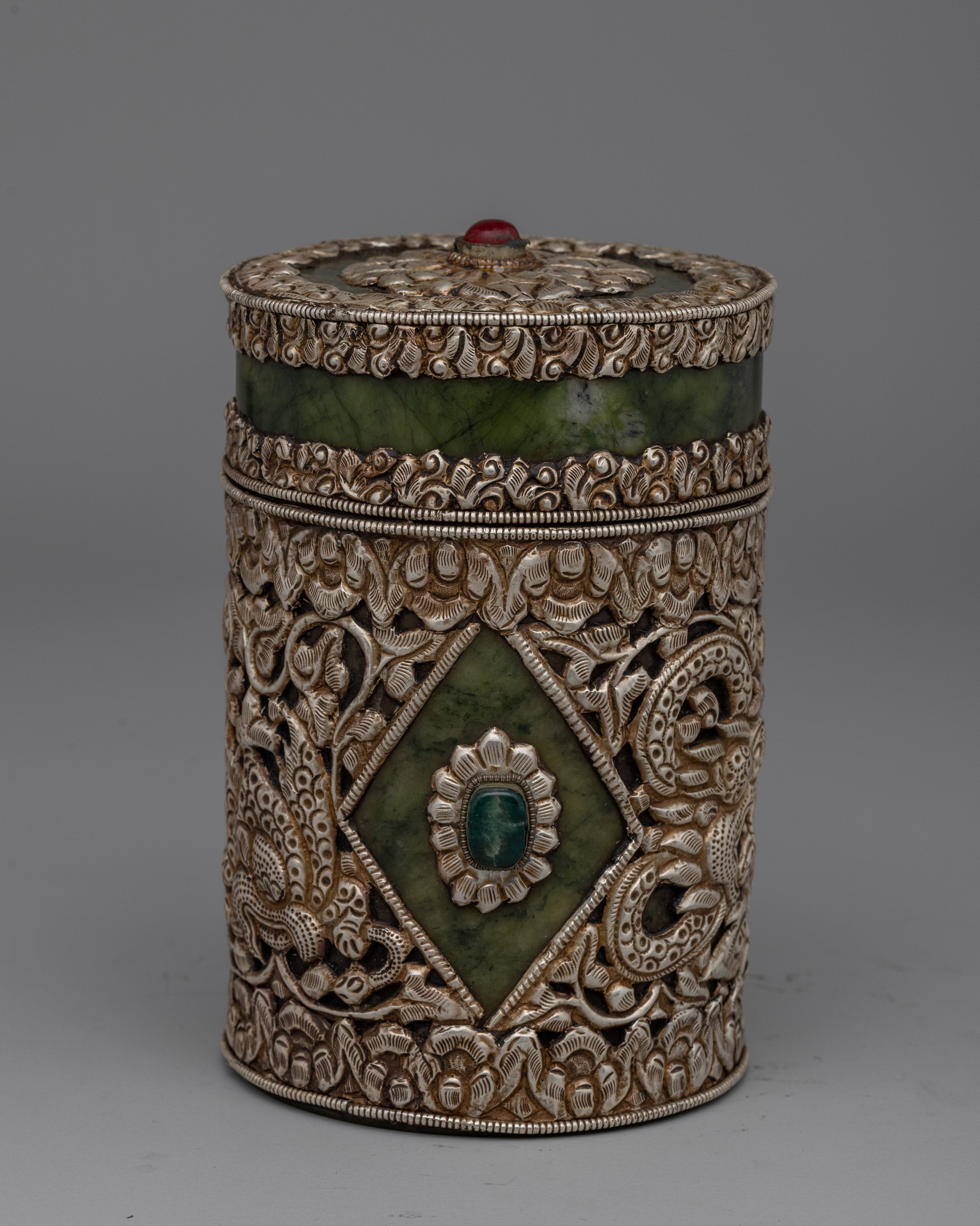 Tibetan Circular Box Decorated | Ideal for Spiritual Use or as a Unique Decorative Piece