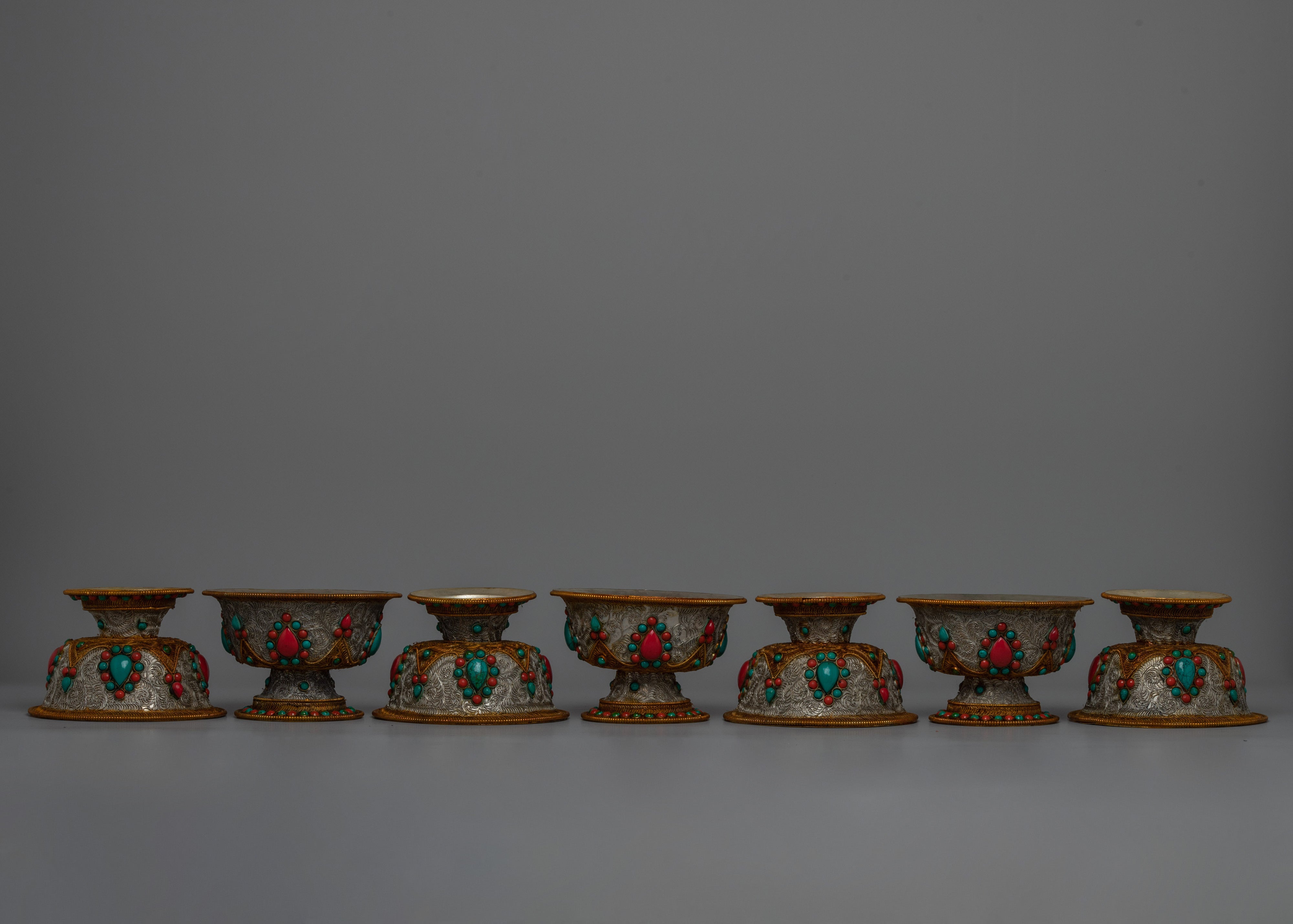 Elegant Lapis Lazuli & Coral Adornments Offering Bowl Set | Buddhist Altar