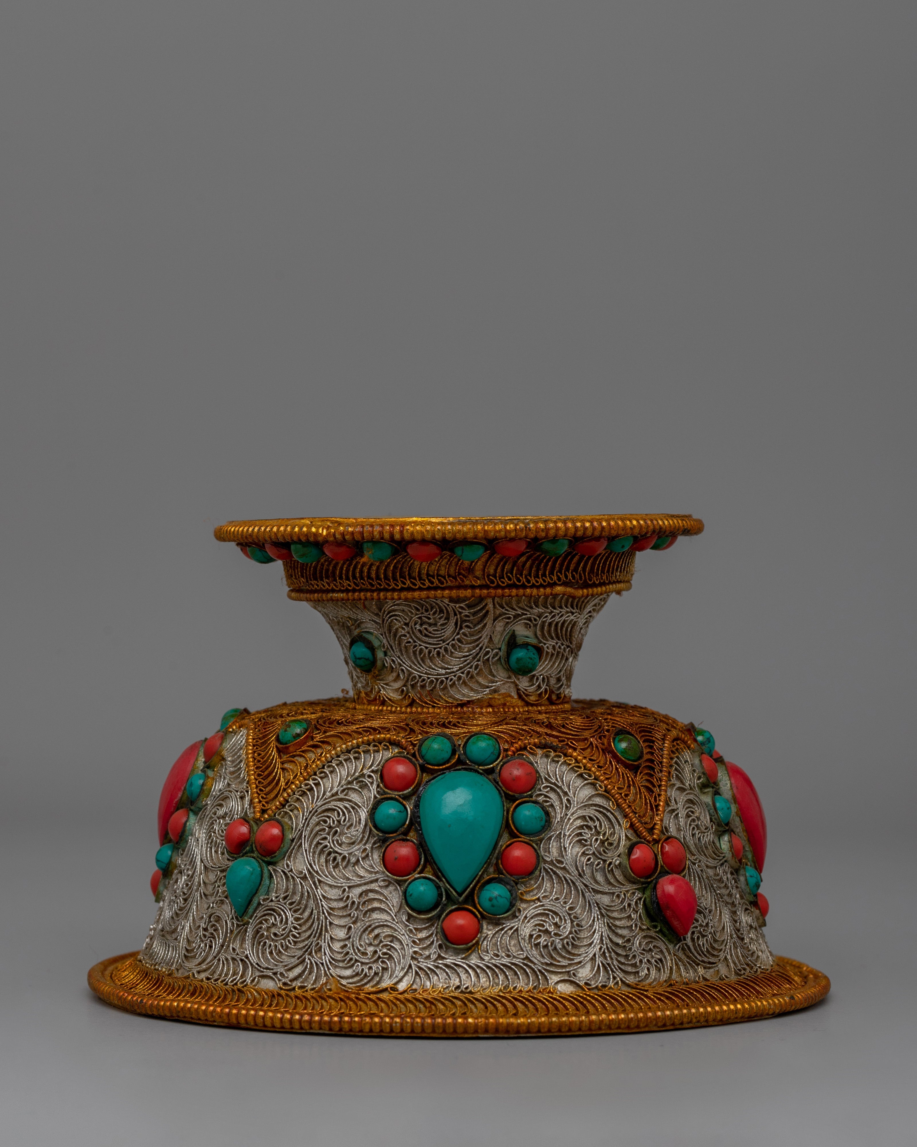 Elegant Lapis Lazuli & Coral Adornments Offering Bowl Set | Buddhist Altar