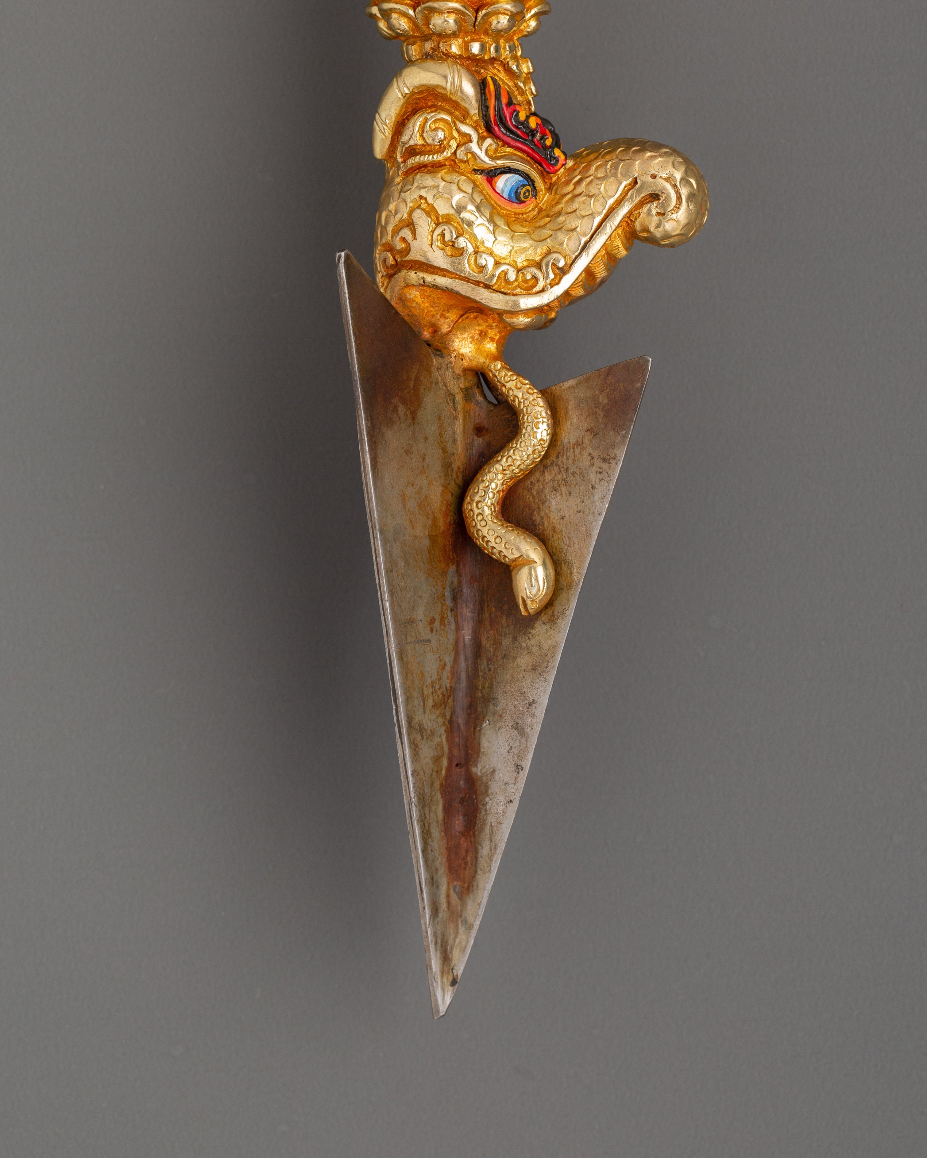 Large Gold Plated Phurba Dagger | Tibetan Ritual Dagger in Copper