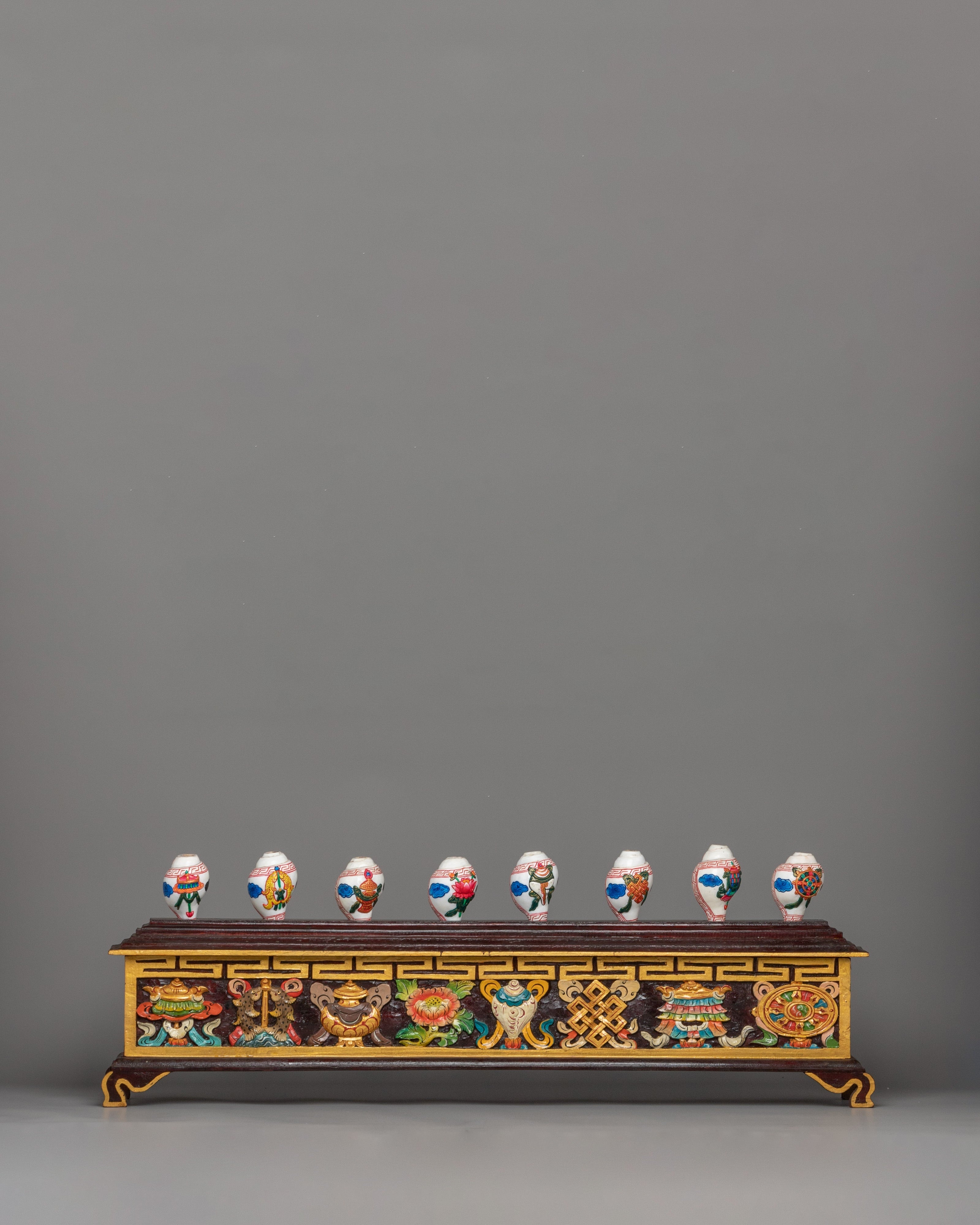 8 Auspicious Symbols Conch Shell Set with Wooden Stand