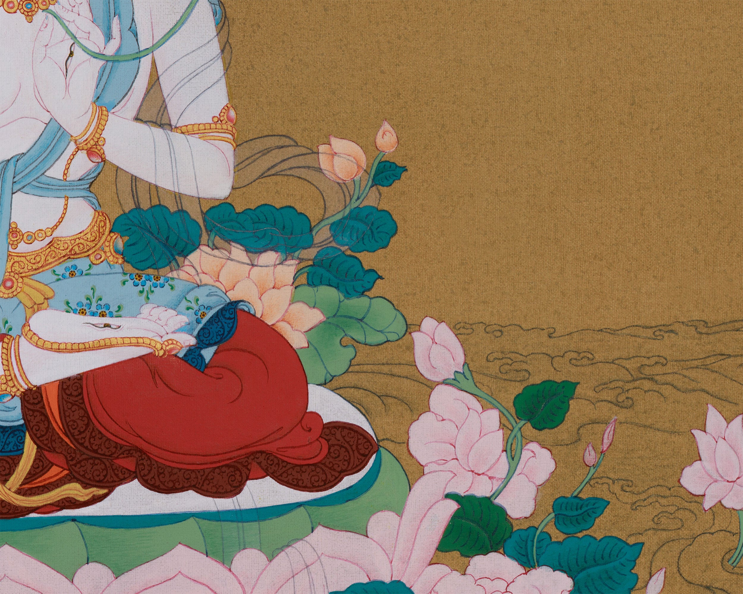 Female Bodhisattva White Tara Thangka | Karma Gadri Artwork | 24K Gold Accents