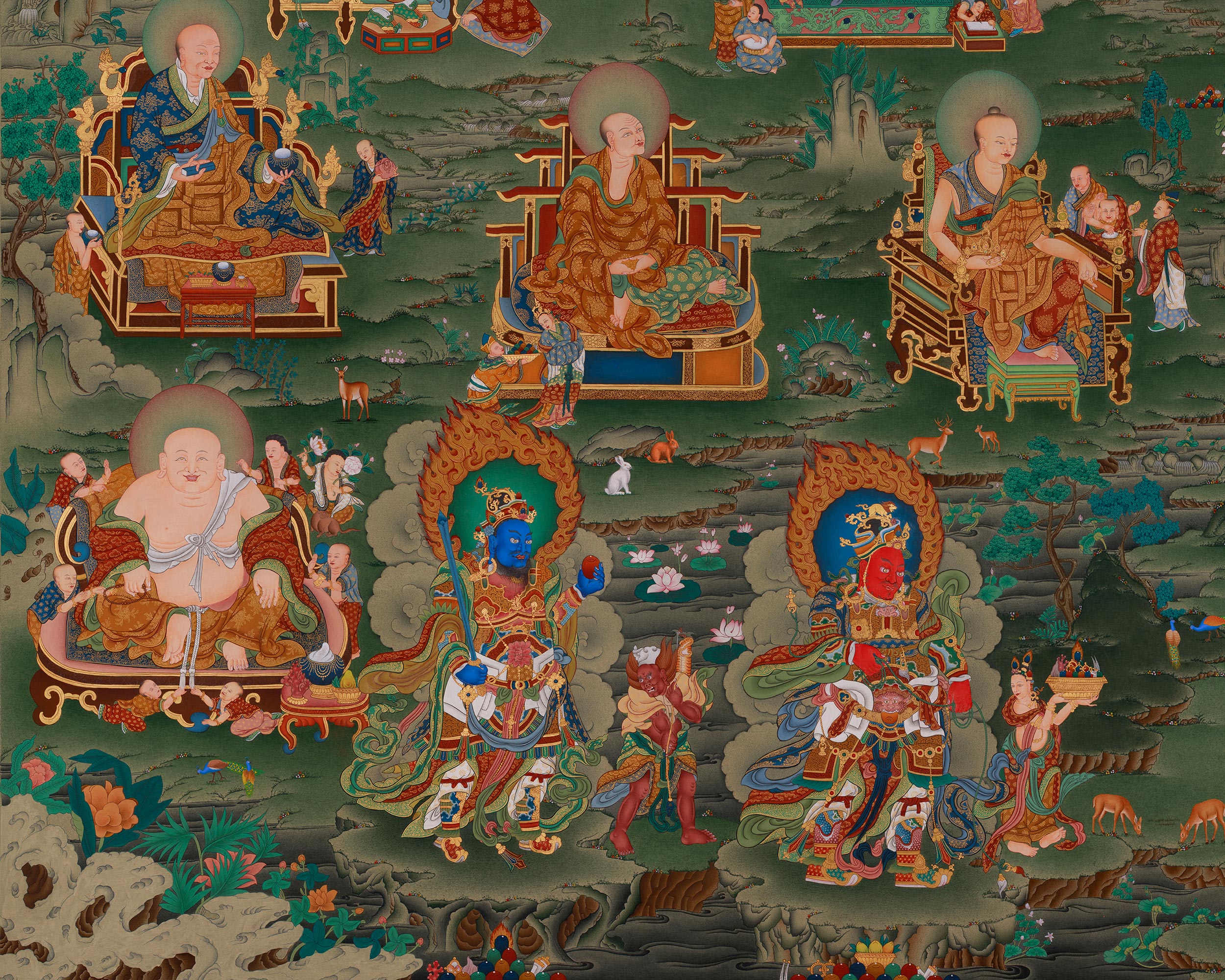 Tibetan Shakyamuni Buddha With 16 Arhat Thangka | Representation of Compassion, and Enlightenment