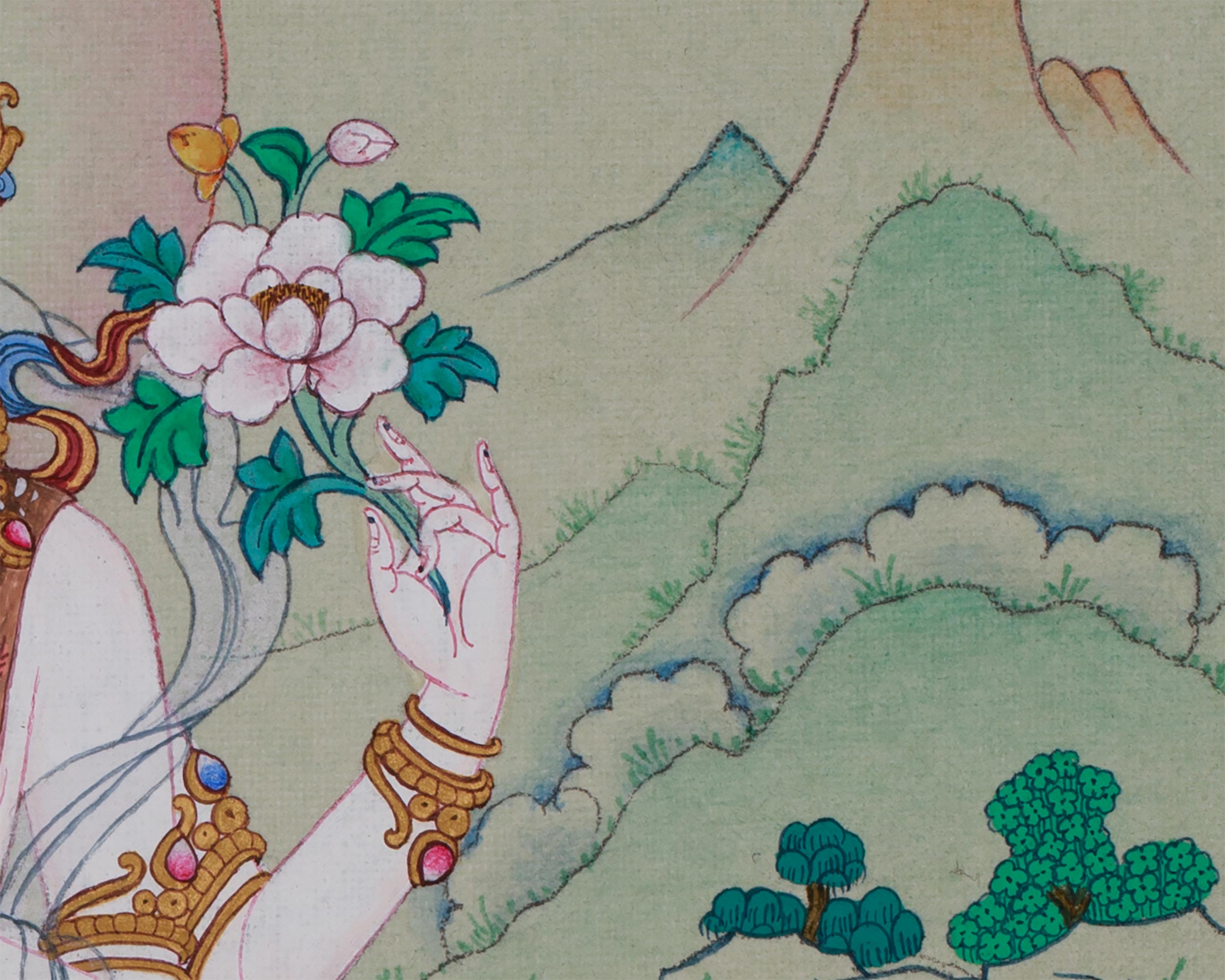 Hand-Painted Mini Chenrezig Thangka | Tibetan Buddha Art of Compassion and Protection