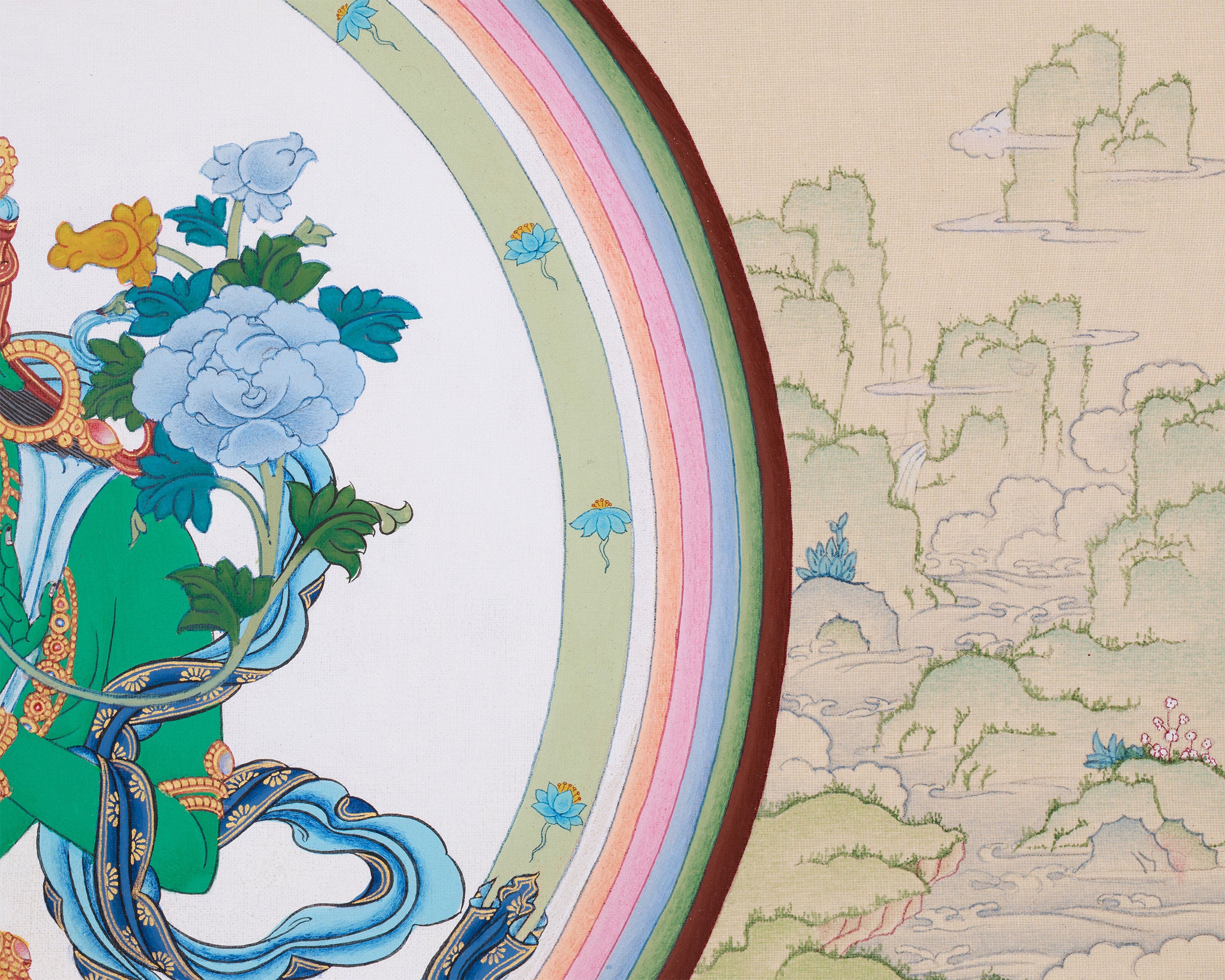 Uniquely Hand-Painted Green Tara Protection Deity Thangka | Featuring Amitabha Buddha
