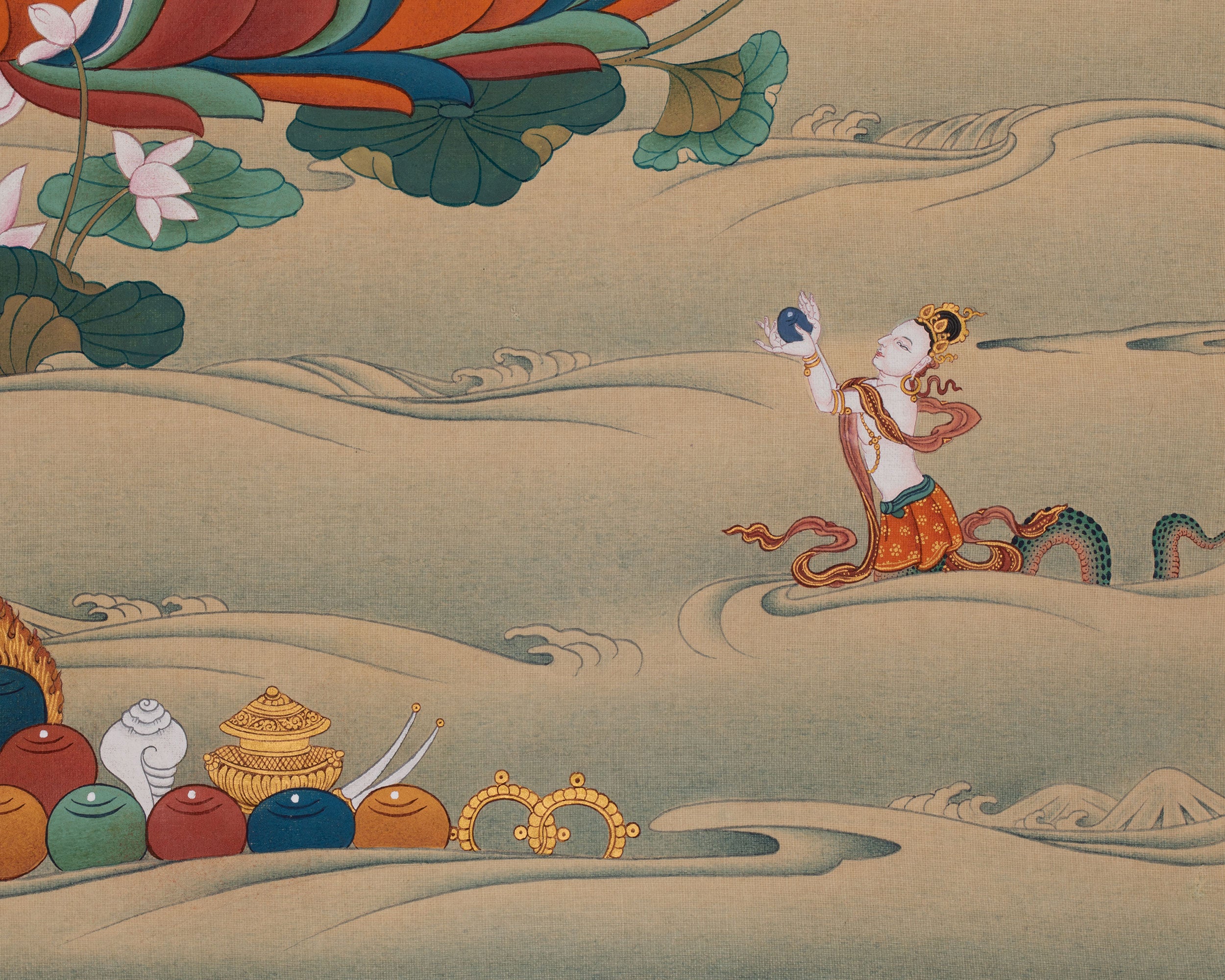 The Compassionate Buddha, Four Armed Chenresig Thangka | Exclusive Artwork with Lhasa Stone Hues