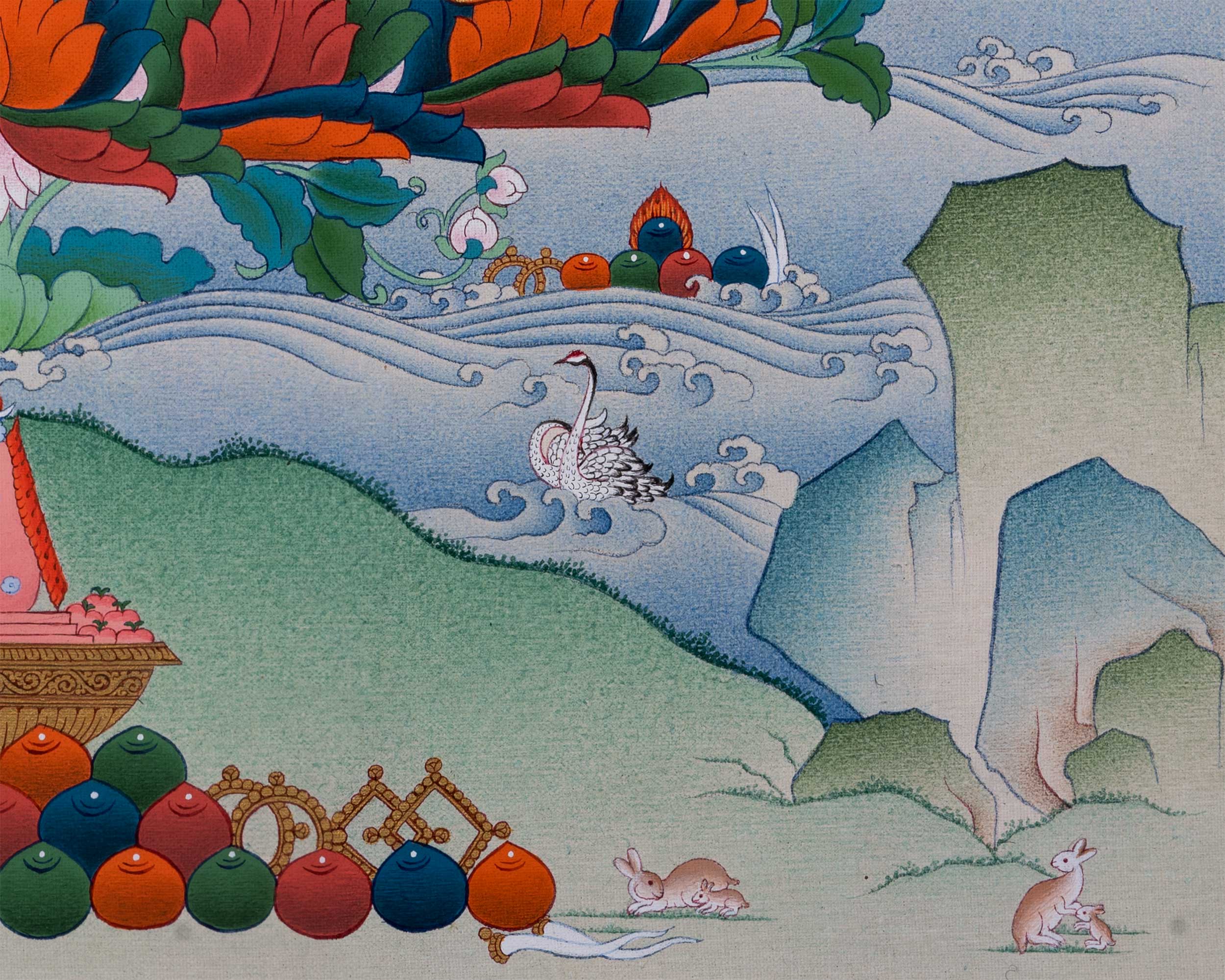 Guru Rinpoche Thangka with Mandarva and Yeshe Tsogyal | Amitabha Buddha Atop