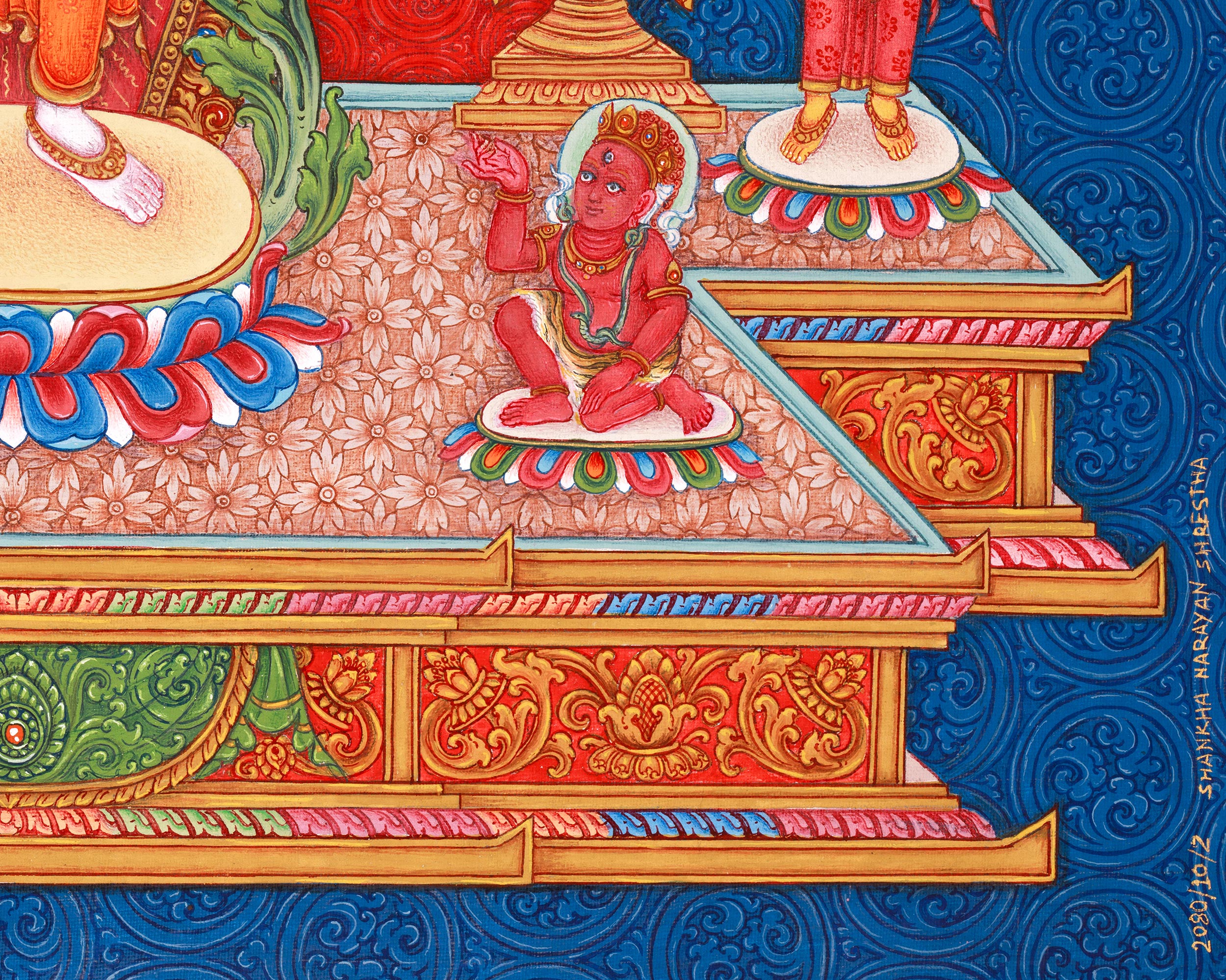 Standing Avalokiteshvara (Guanyin) Thangka Print | 5 Dhyani Buddhas | High-Quality Giclee Print for Meditation | Paubha Painting