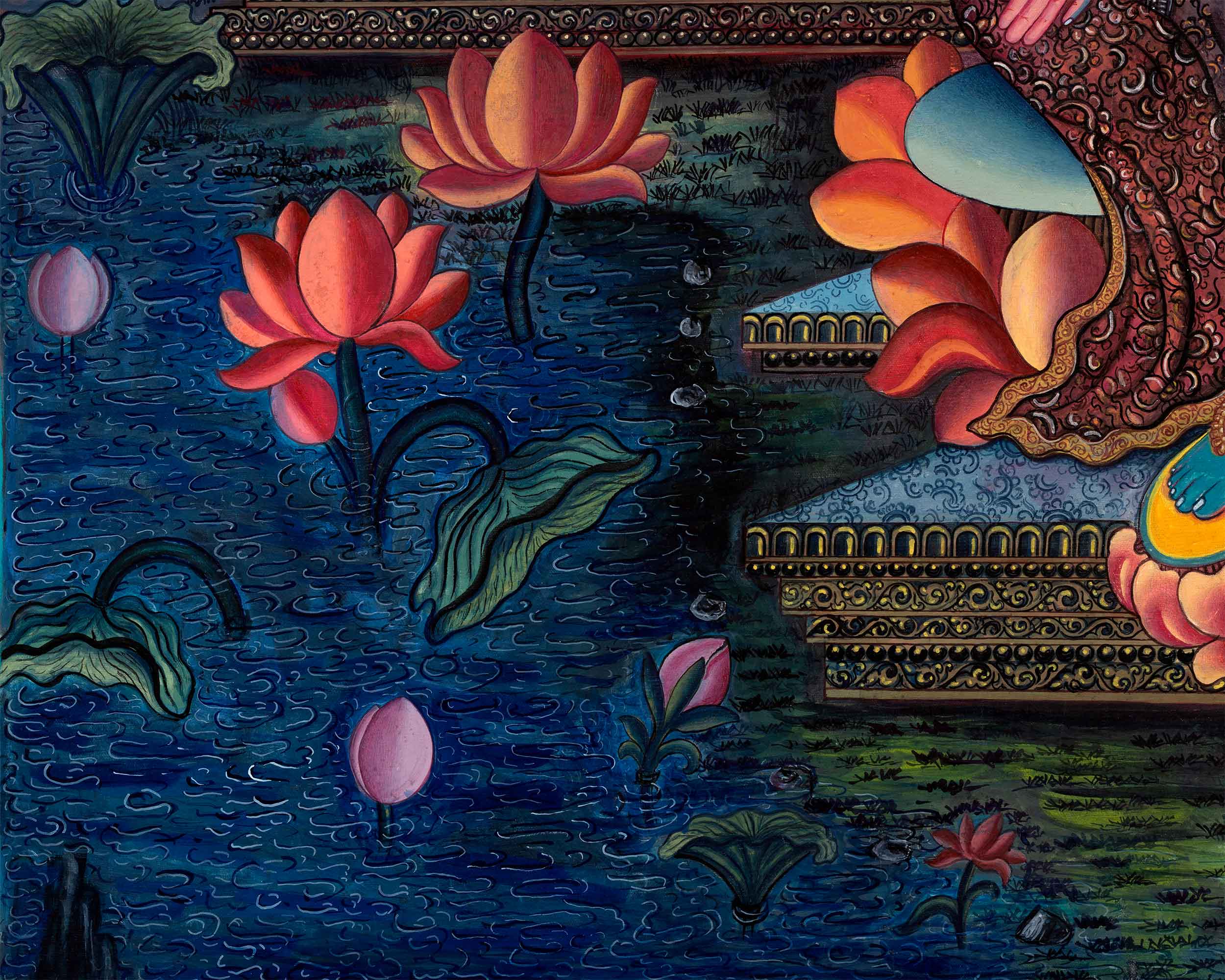 Newari Print Of Green Tara and White Tara With Chenrezig | Highly-Revered Deities Of Buddhism