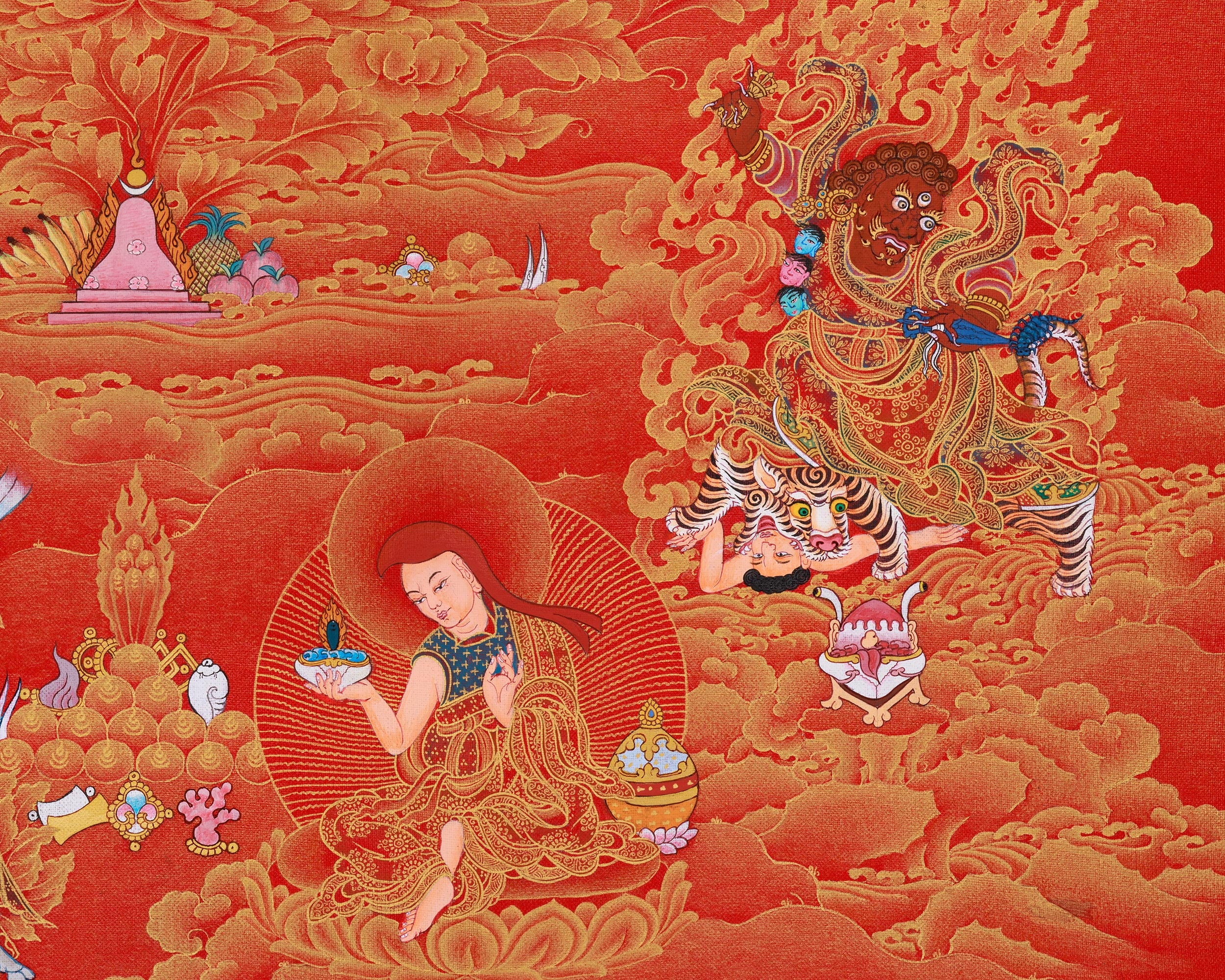 Guru Sangye Thangka | Eight Manifestations of Padmasambhava | Red & Gold Artwork