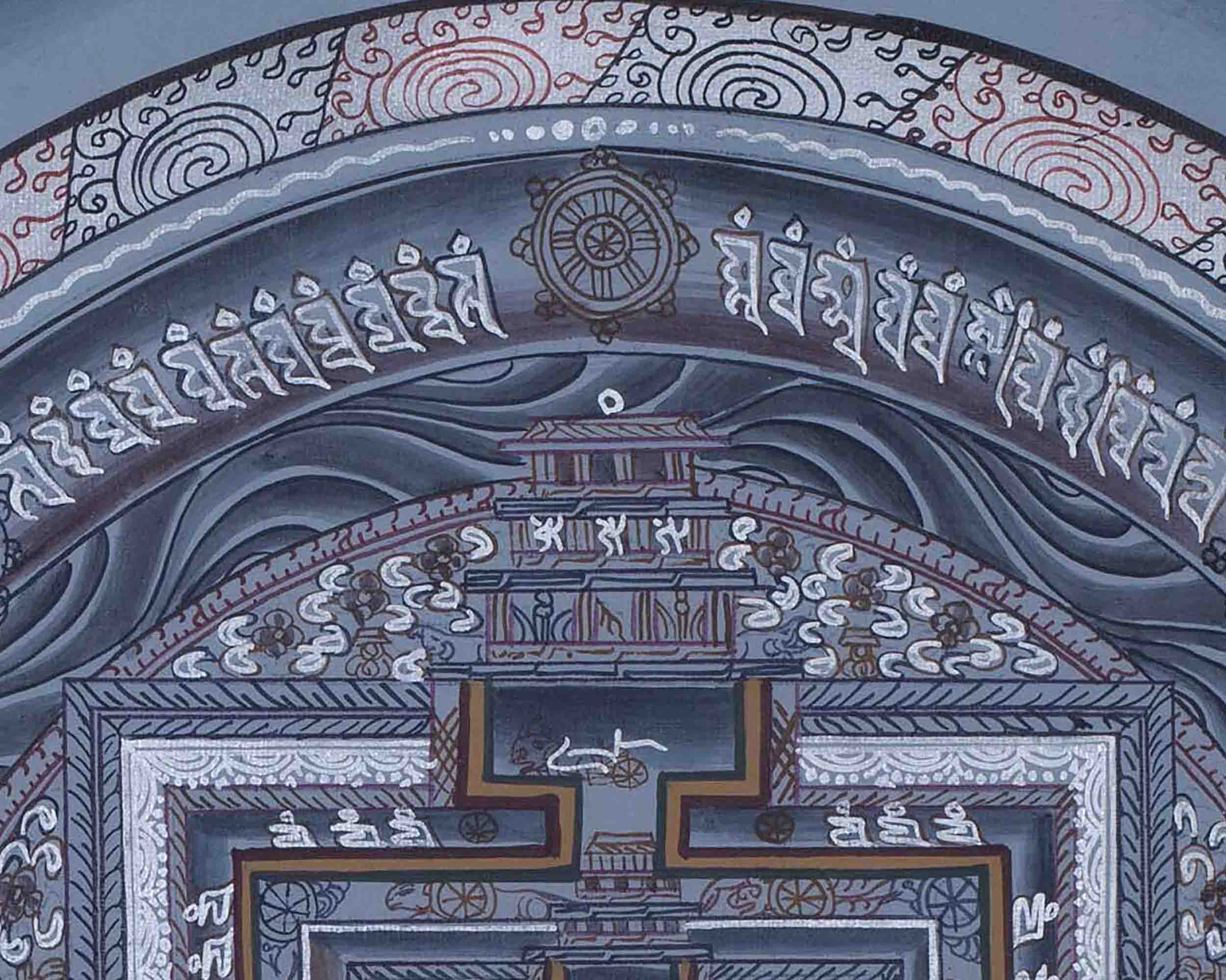 Grey Colored Kalachakra Mandala Thangka With Silver