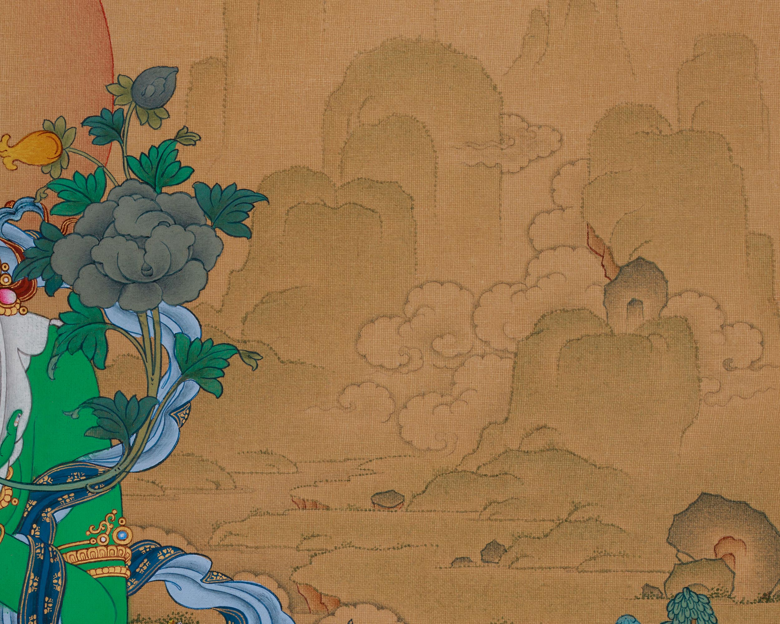 Divine Thangka of Green Tara with Amitabha Buddha | Goddess of Compassion