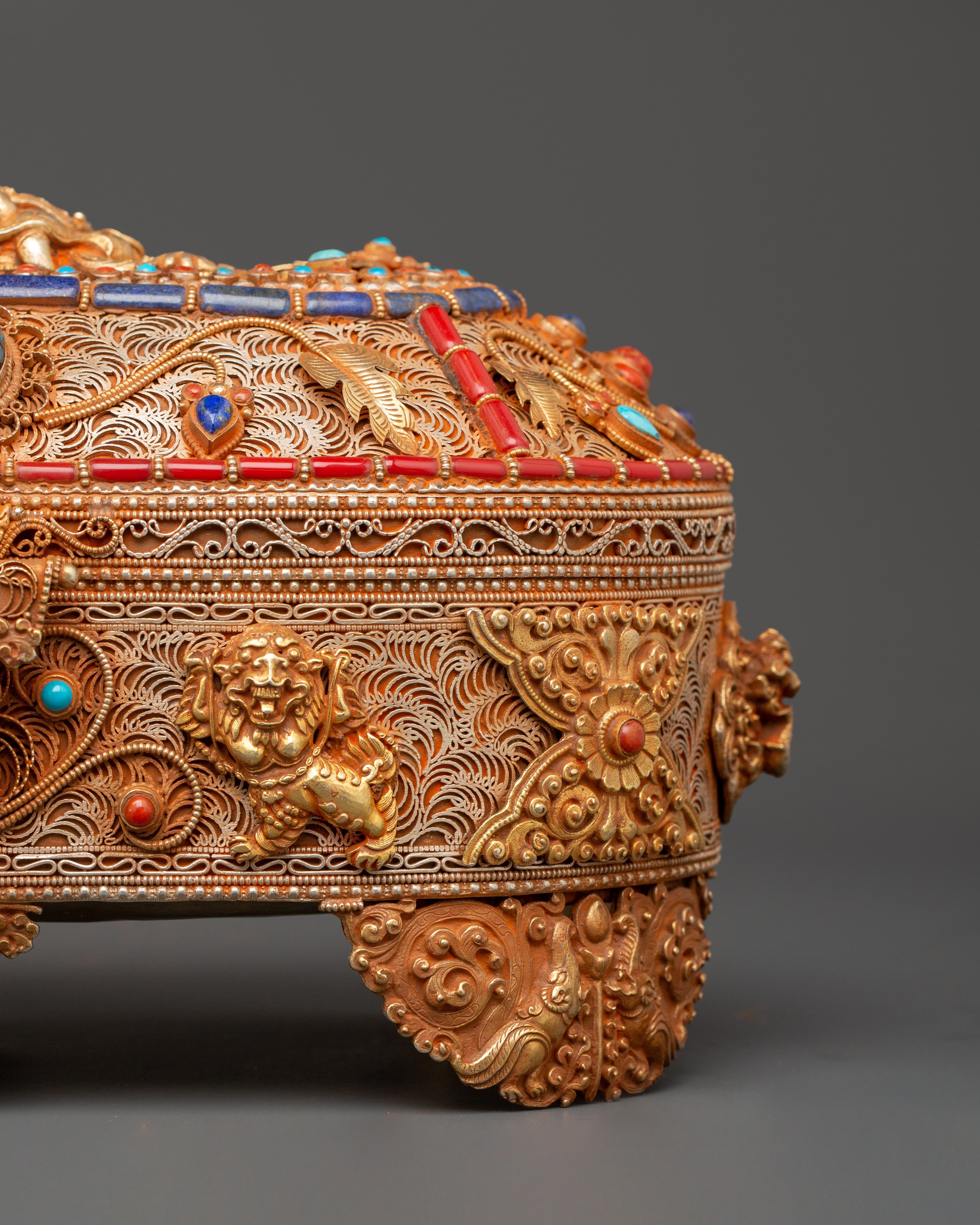 Gold-Plated Copper Tibetan Treasure Box | Coral & Turquoise Stones Inlaid Handcrafted Box