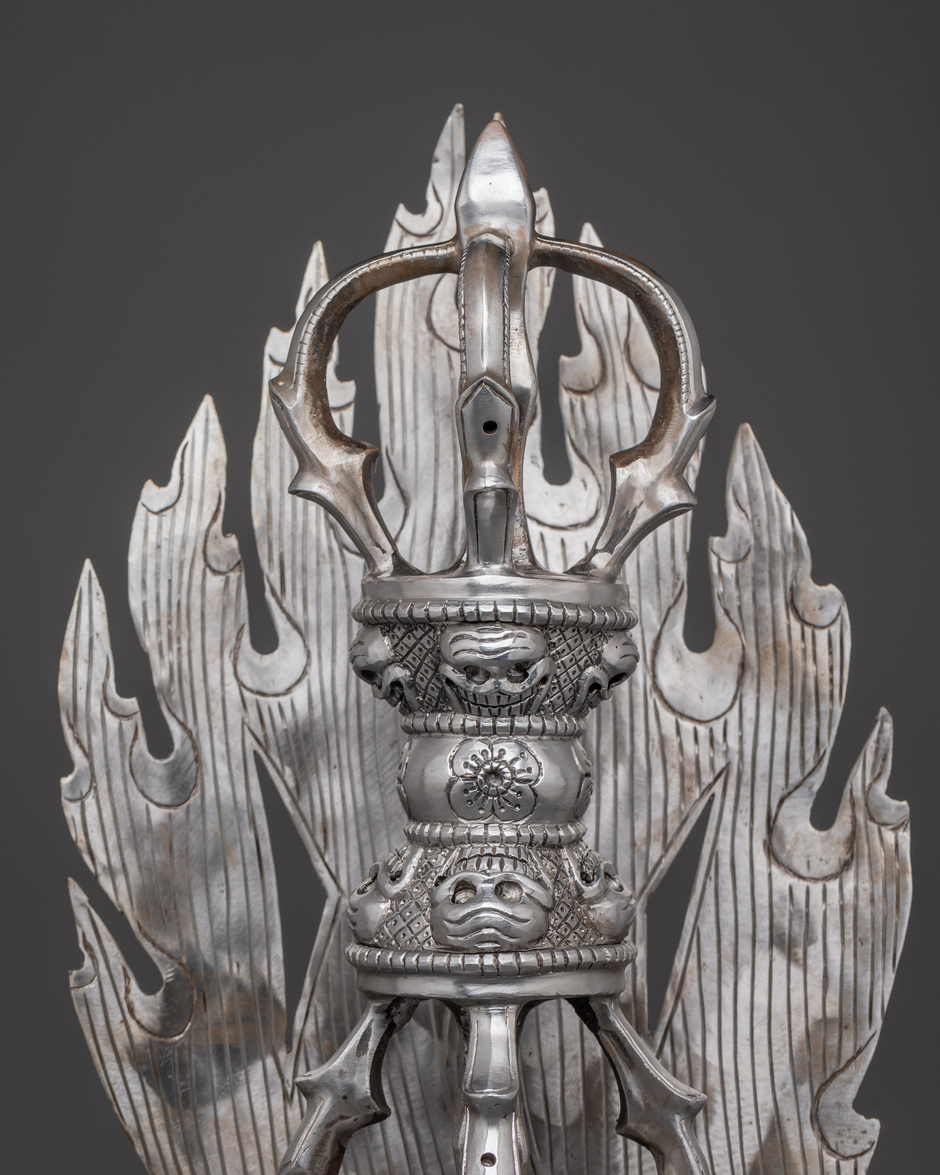 Tibetan Silver Vajra With Stand | Iron Buddhist Ritual Tool