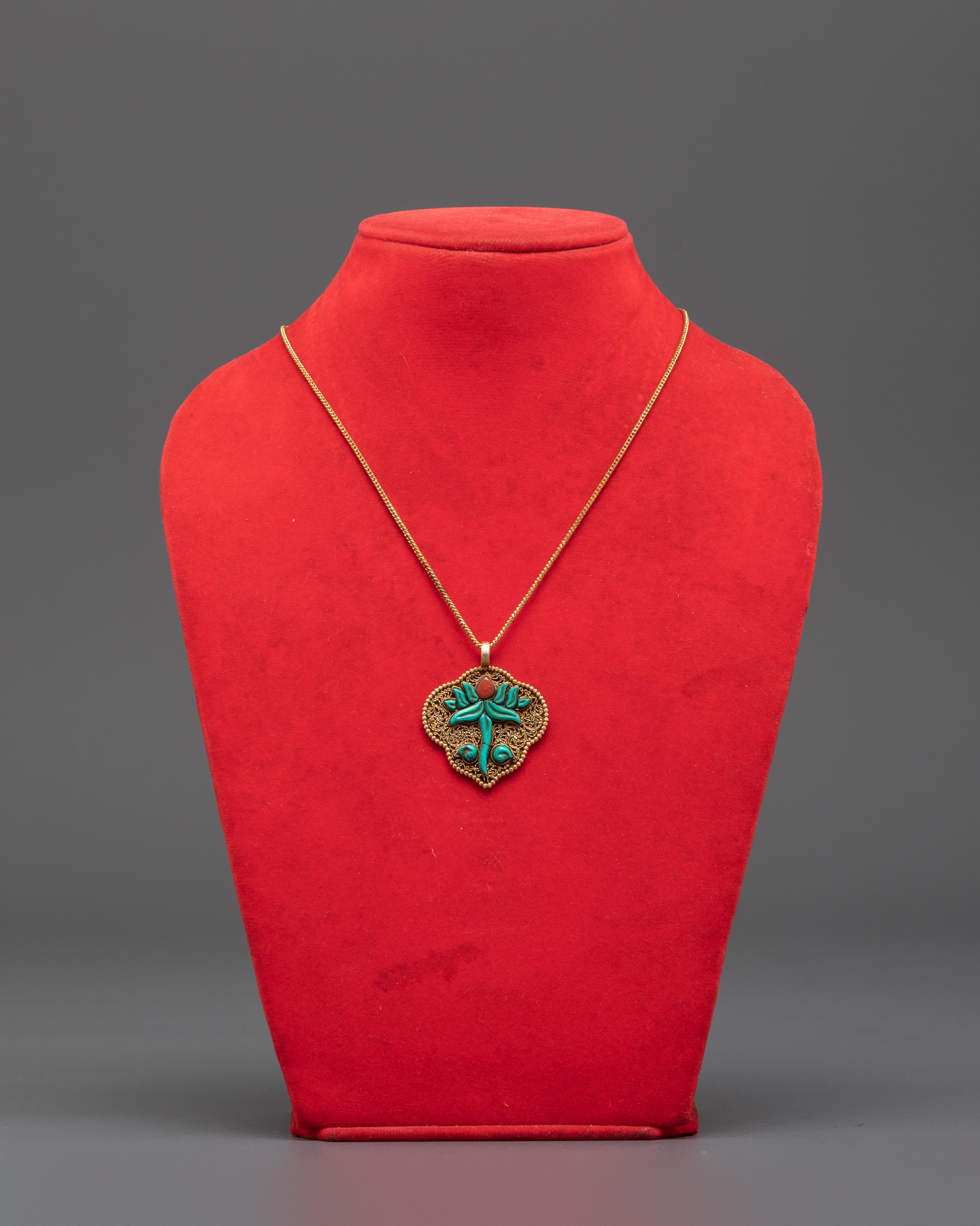 Handmade Gold Plated Turquoise Floral Pendant | Silver & Coral Stone Jewelry