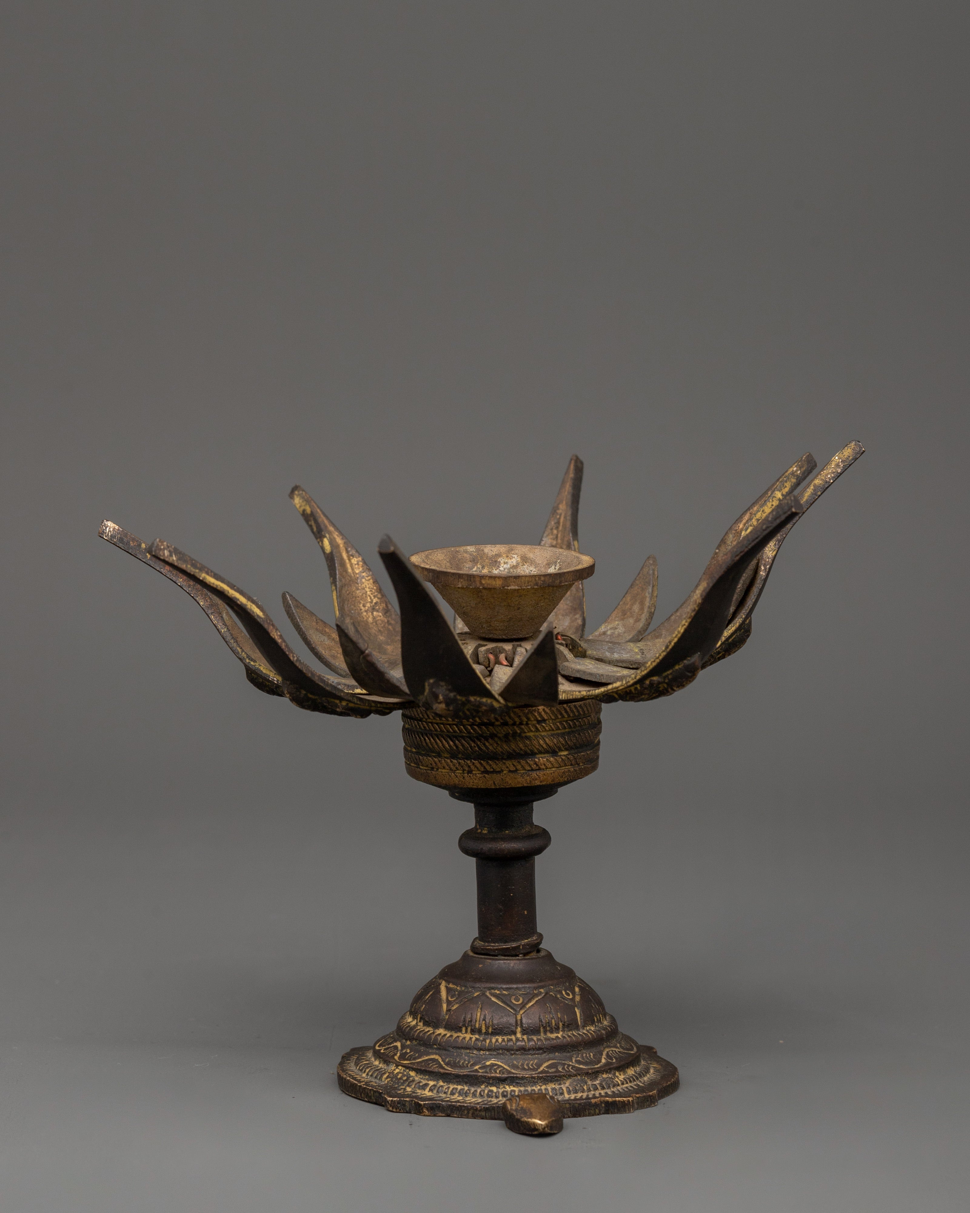 Sacred Tibetan Lotus Lamp for Altar and Ritual Use | Antique Brass Decor