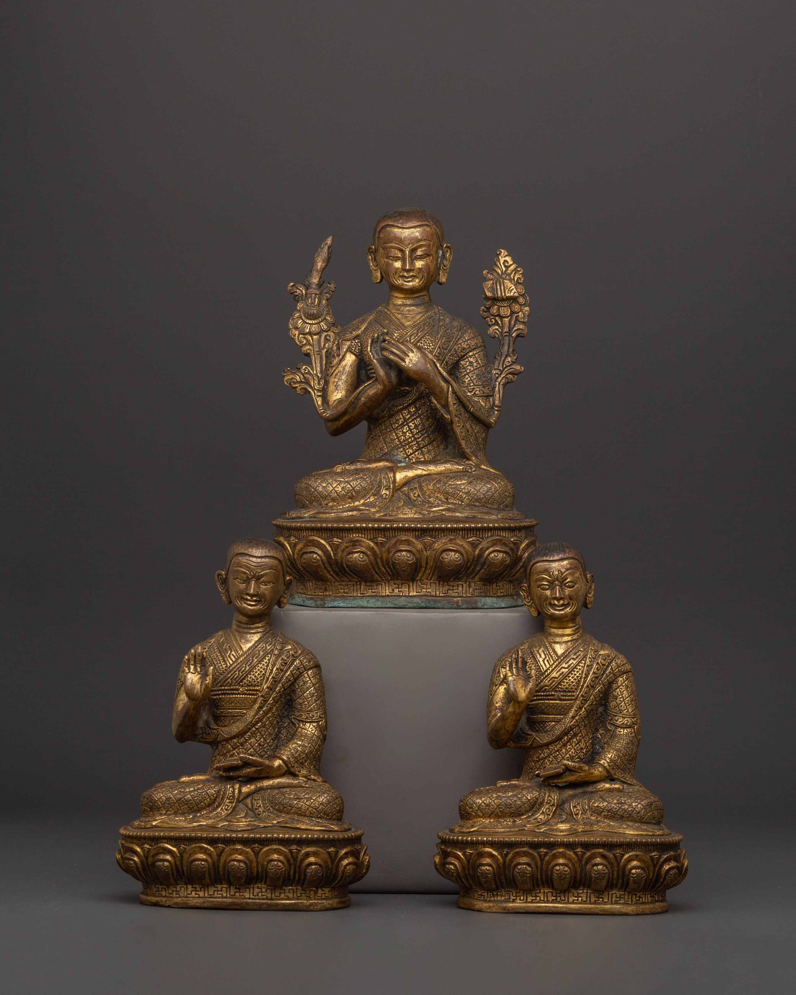 Handcrafted Brass body Tsongkhapa with Je Gyaltsab & Je Khedrup