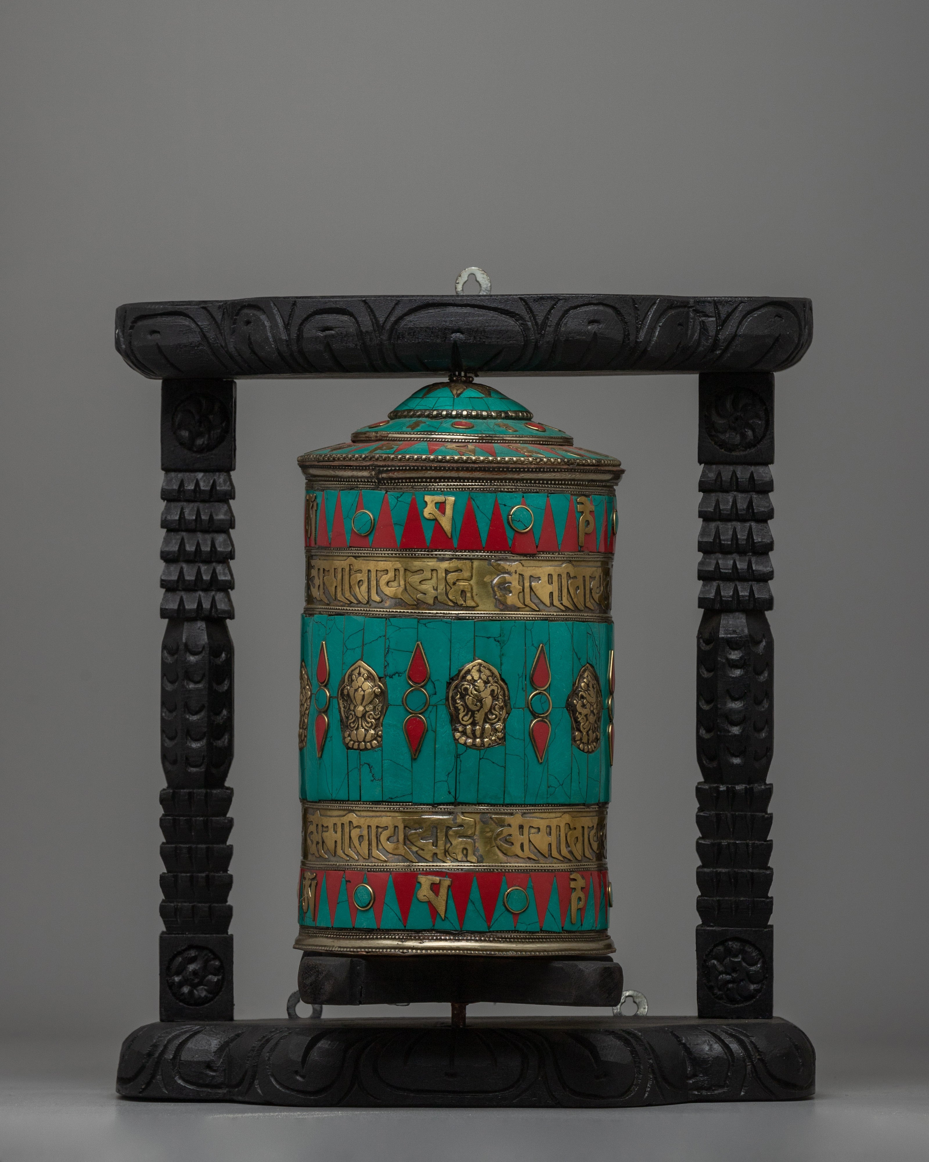 Tibetan Prayer Wheel Intricated with Eight Auspicious Symbols