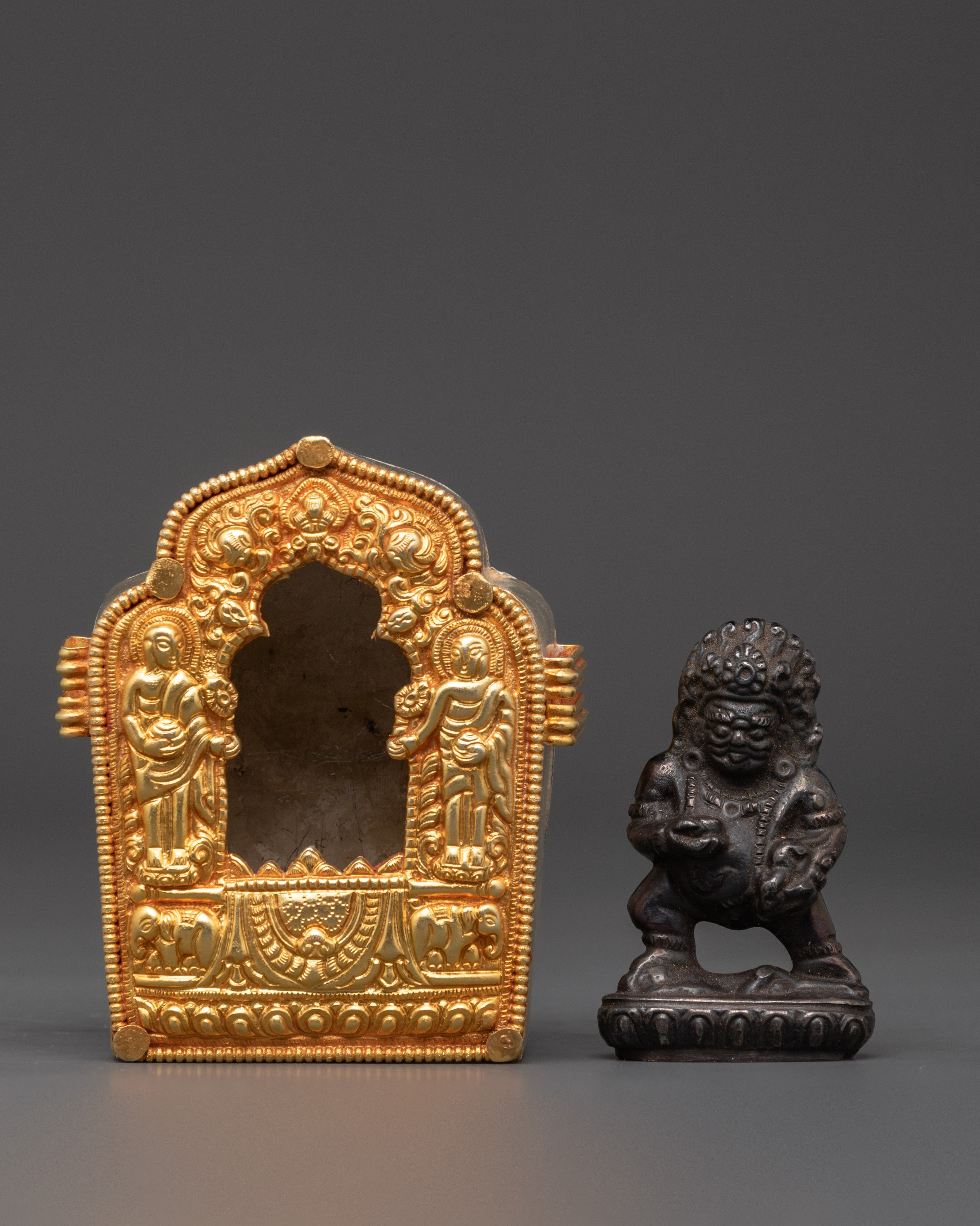 Tibetan Ghau Box with Guardian Deity Statue