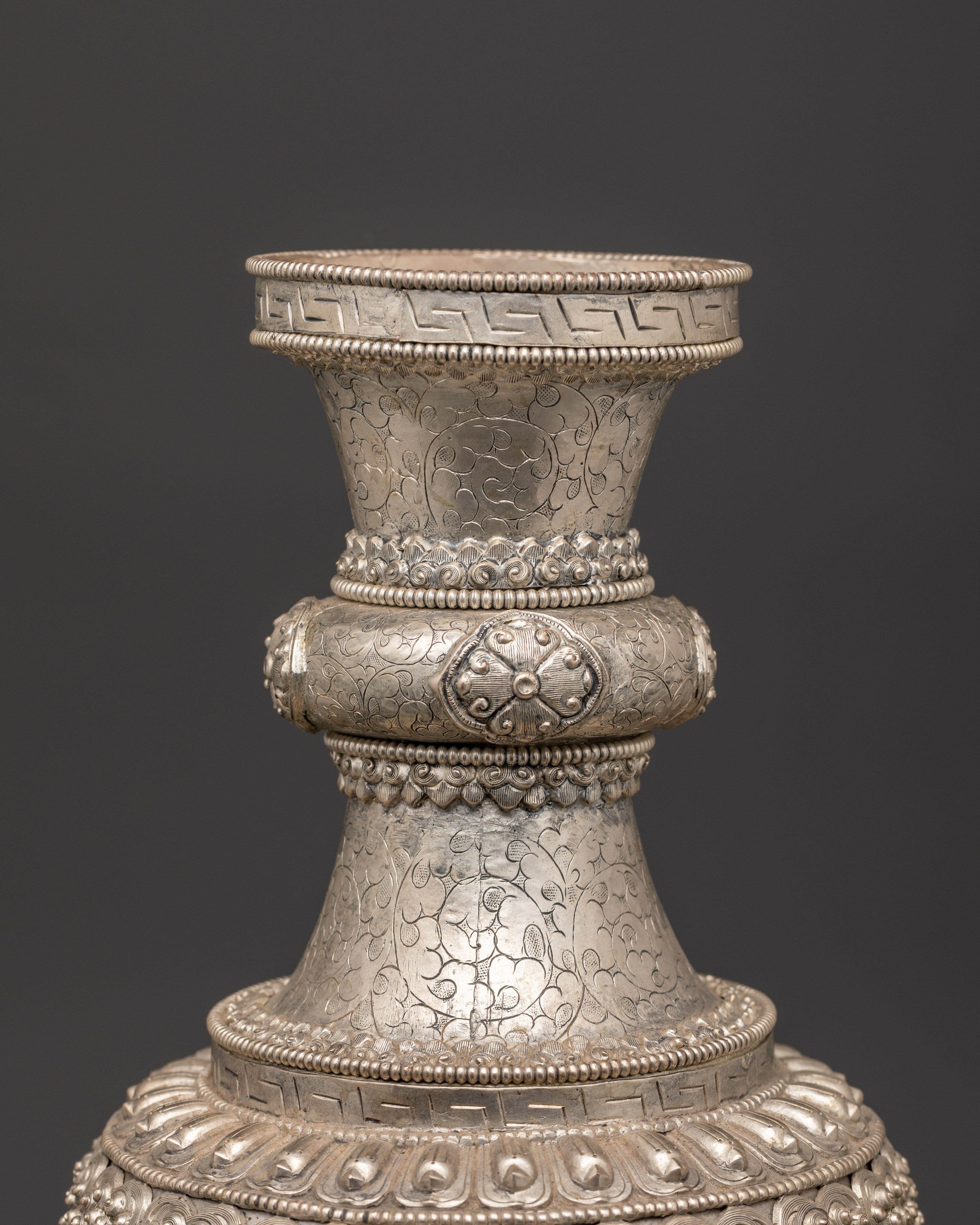 Handcrafted Silver Flower Vase Pair | Tibetan Buddhist Lion Motif Urns