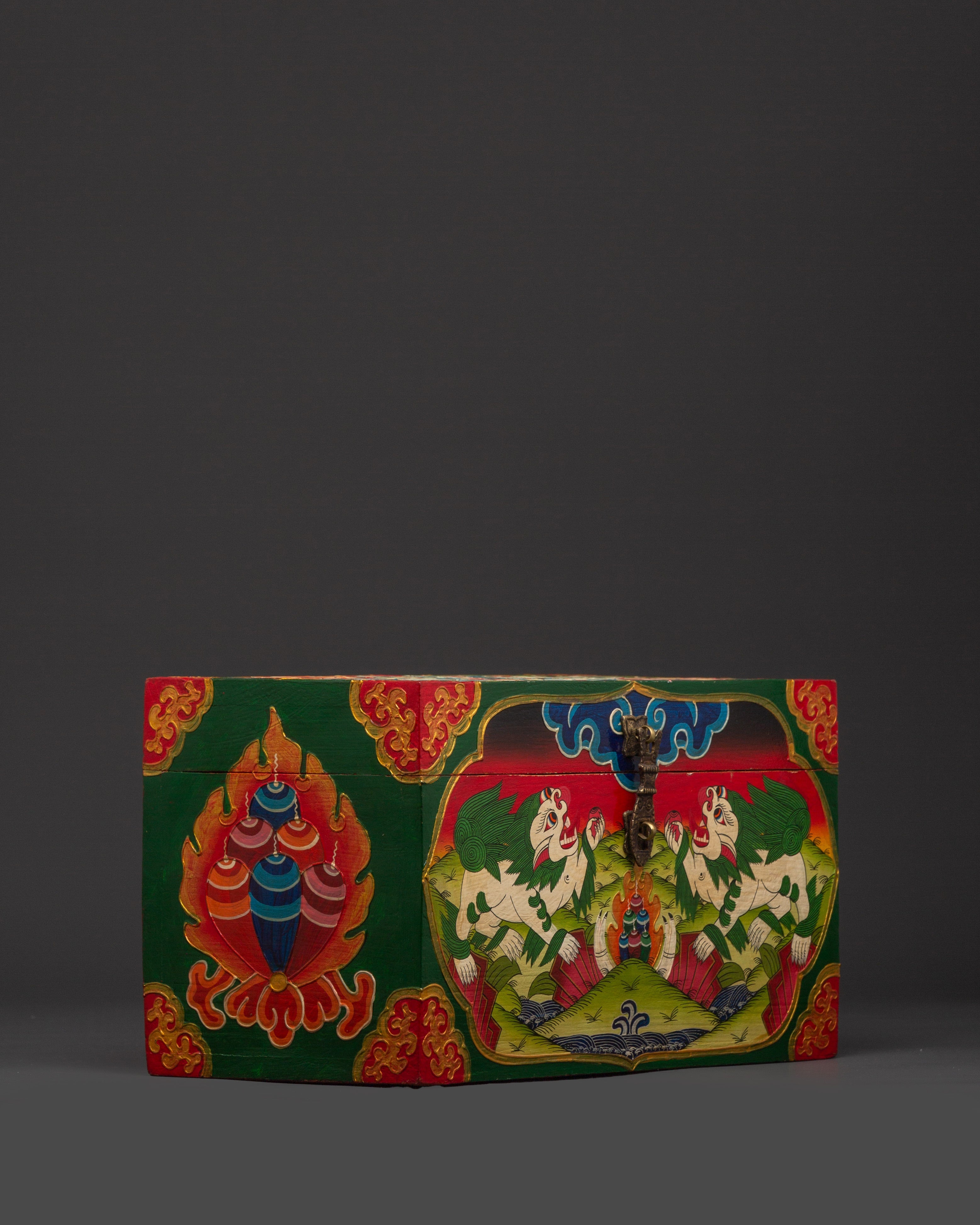 Tibetan Wooden Box with Snow Lions | Sacred Hand-Painted Ritual Chest