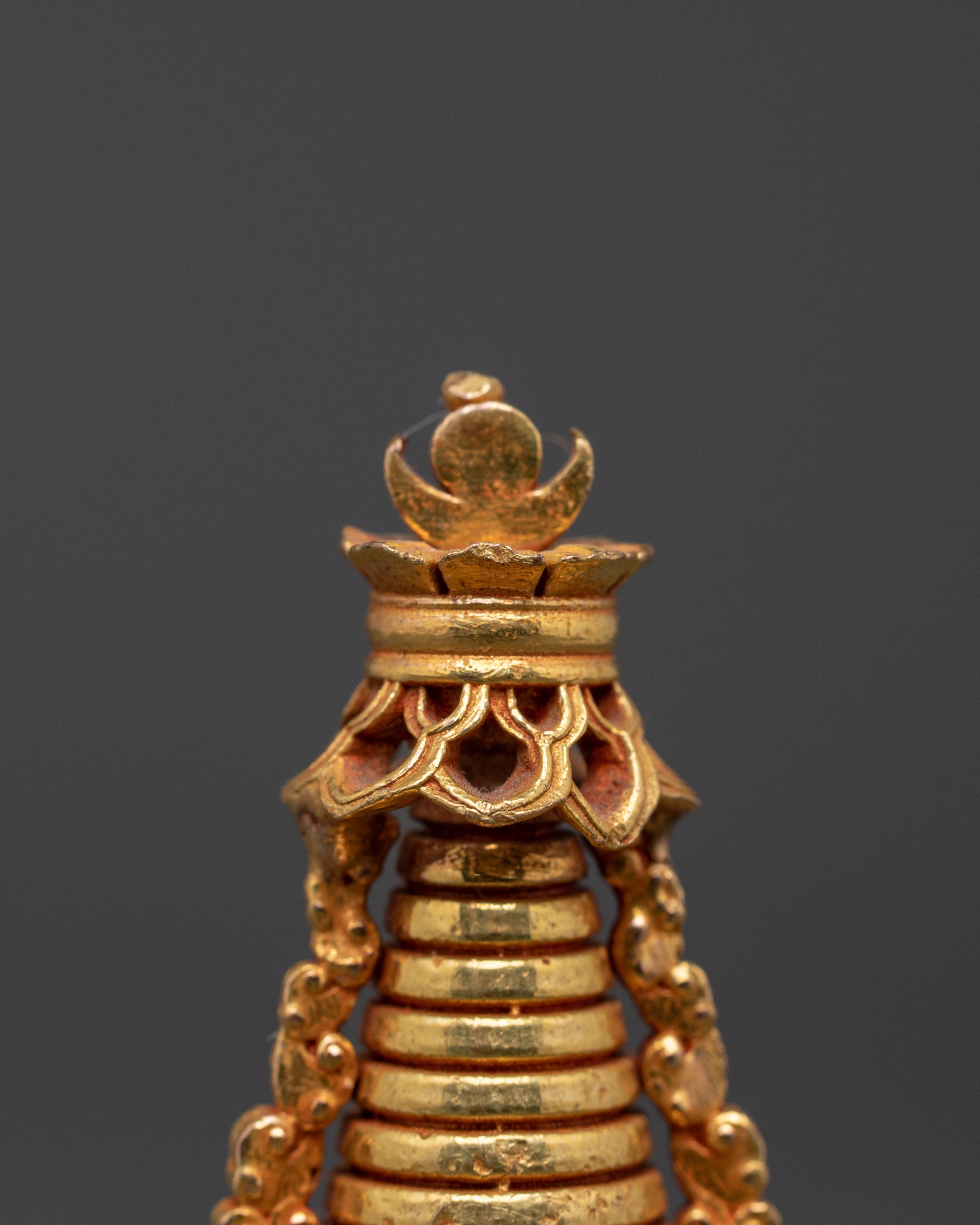 Handcrafted Buddhist Spiritual Copper Stupa Statue | Gold Plated Tibetan Decor