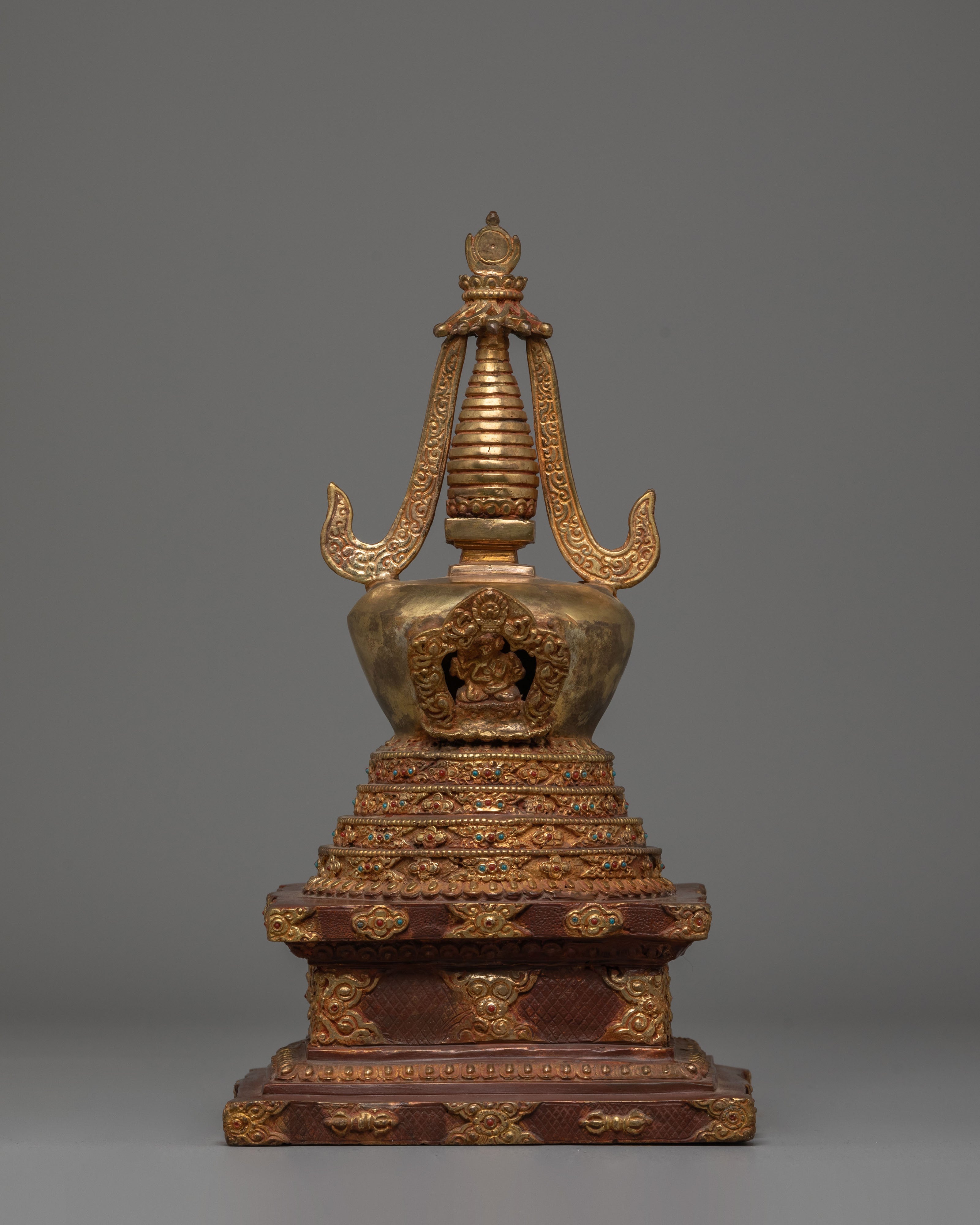 Handcrafted Buddhist Shrine Stupa | Gold Plated Tibetan Ritual Stupa Art