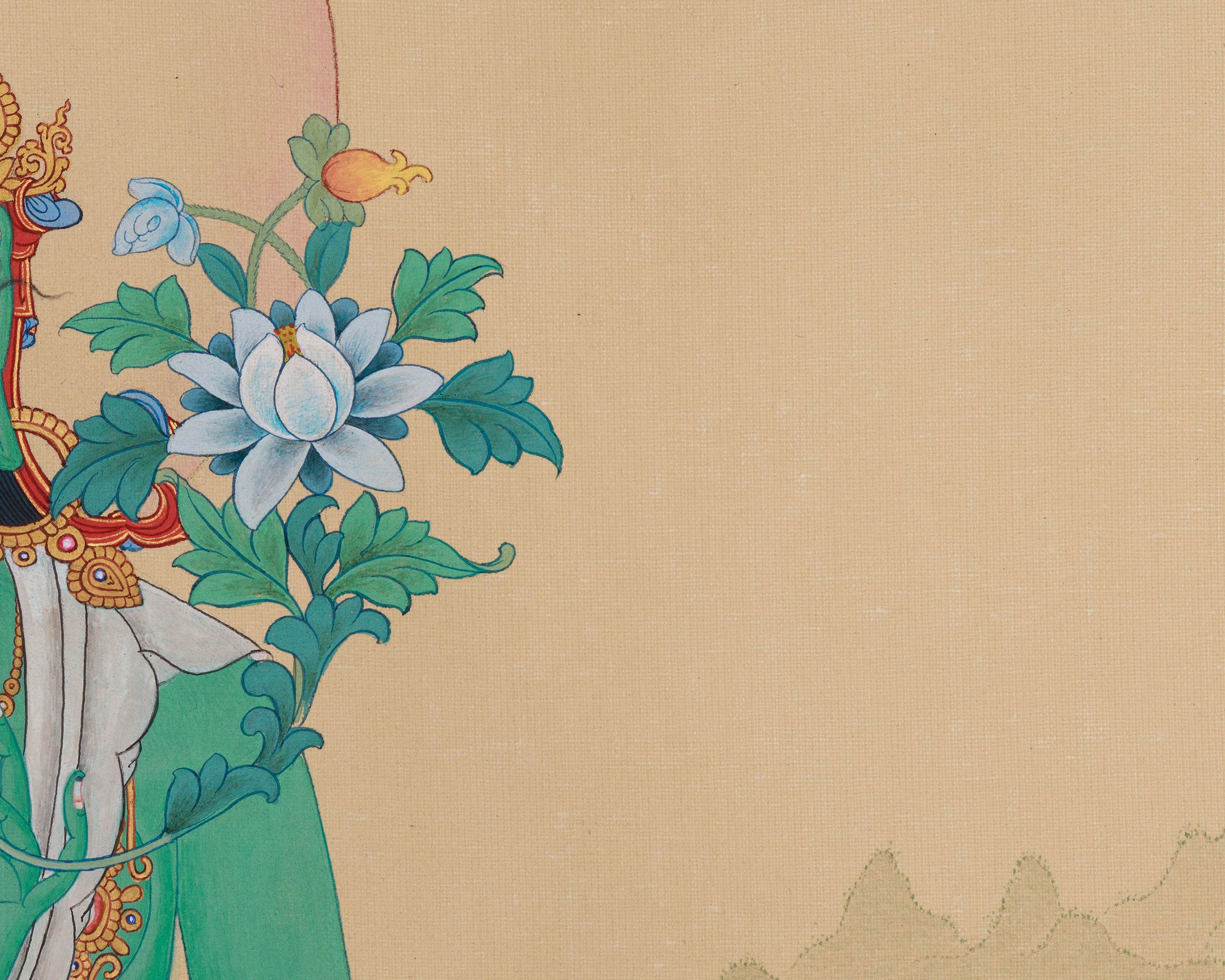 Beautiful Tibetan Female Buddha Green Tara Thangka | The Compassionate Savior of the Universe