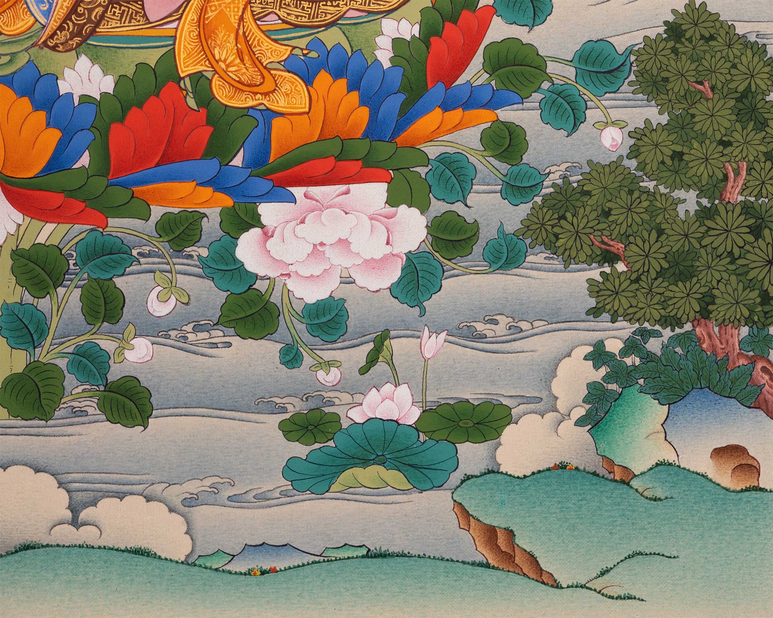 Guru Rinpoche with Chenrezig and Amitabha Buddha Thangka