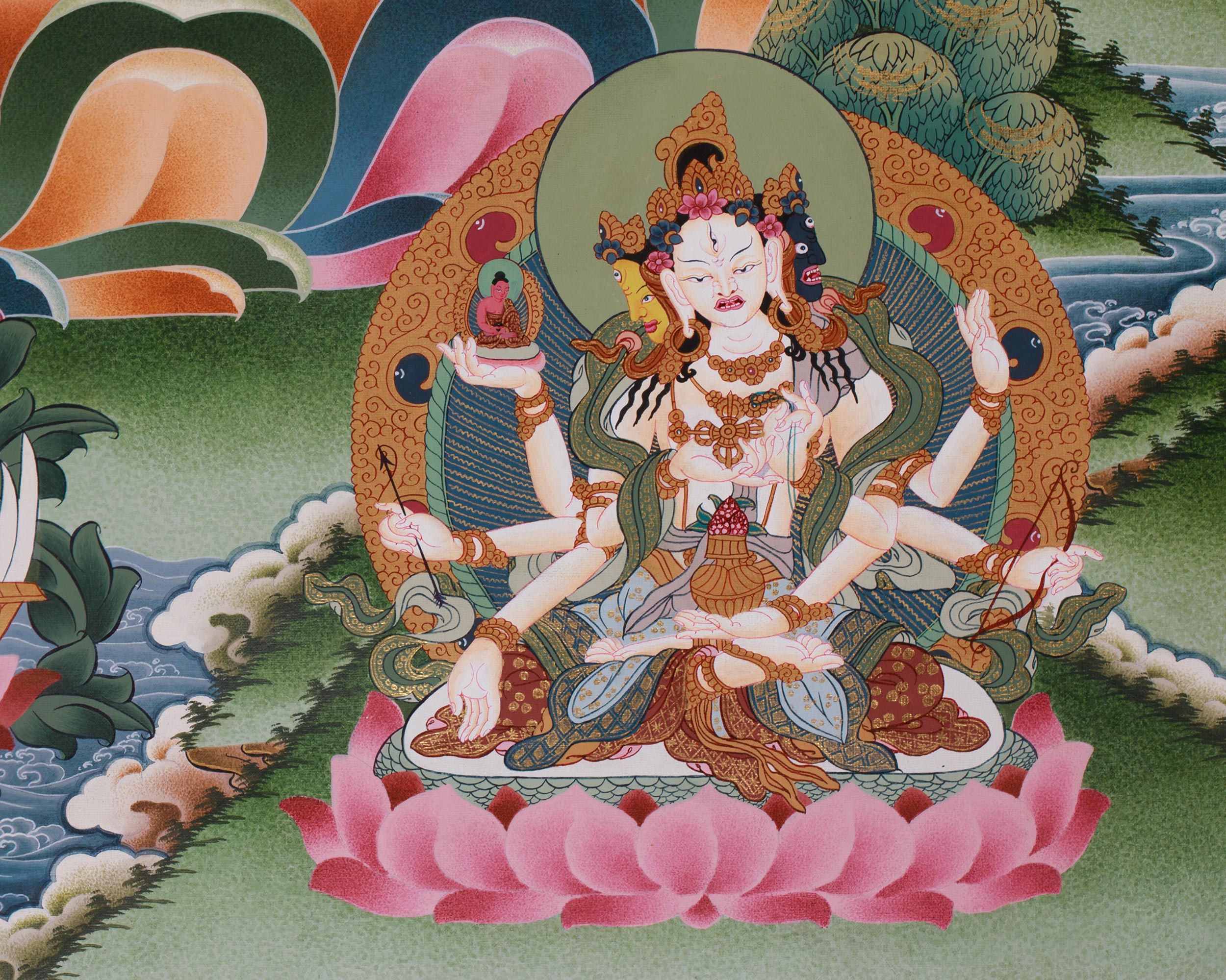Majestic Seven Eyes Goddess, White Tara Thangka | Five Dhyani Buddhas, Amitayus & Namgyalma