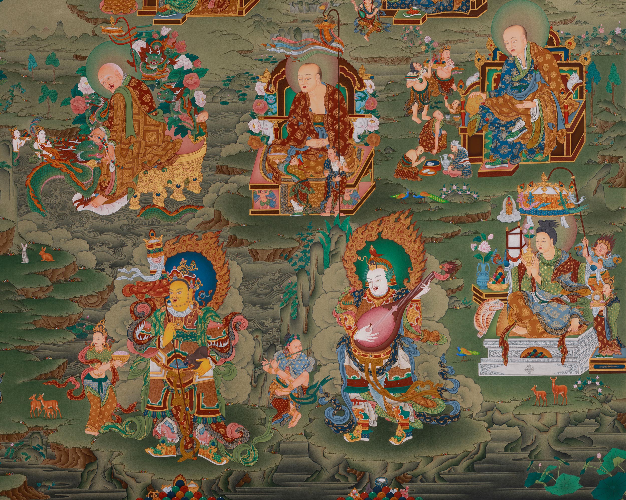 Tibetan Shakyamuni Buddha With 16 Arhat Thangka | Representation of Compassion, and Enlightenment