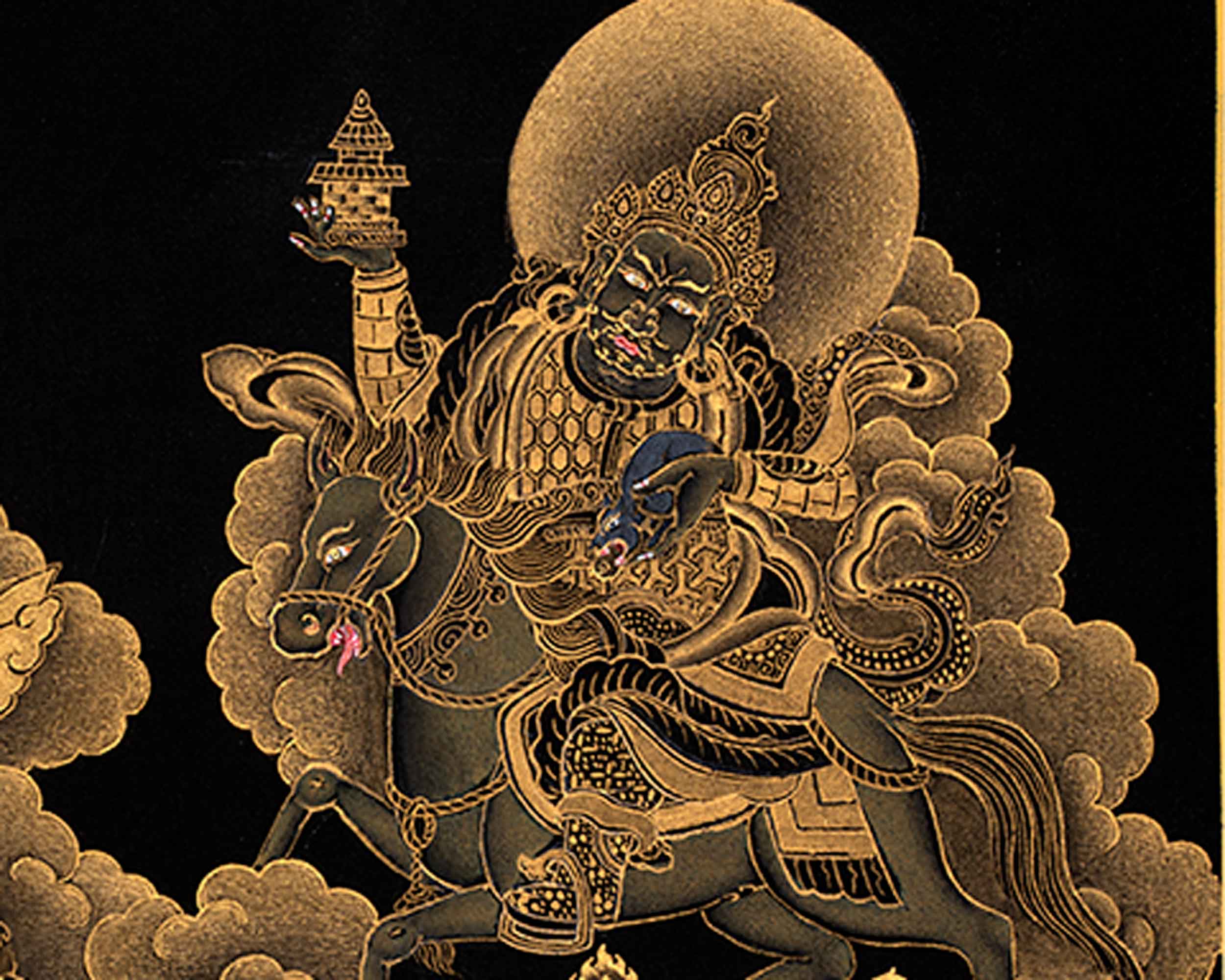 Exclusive Namtoshe Palace Thangka | Traditional Himalayan Art in Black & Gold | Authentic Painting Of Wealth Deity