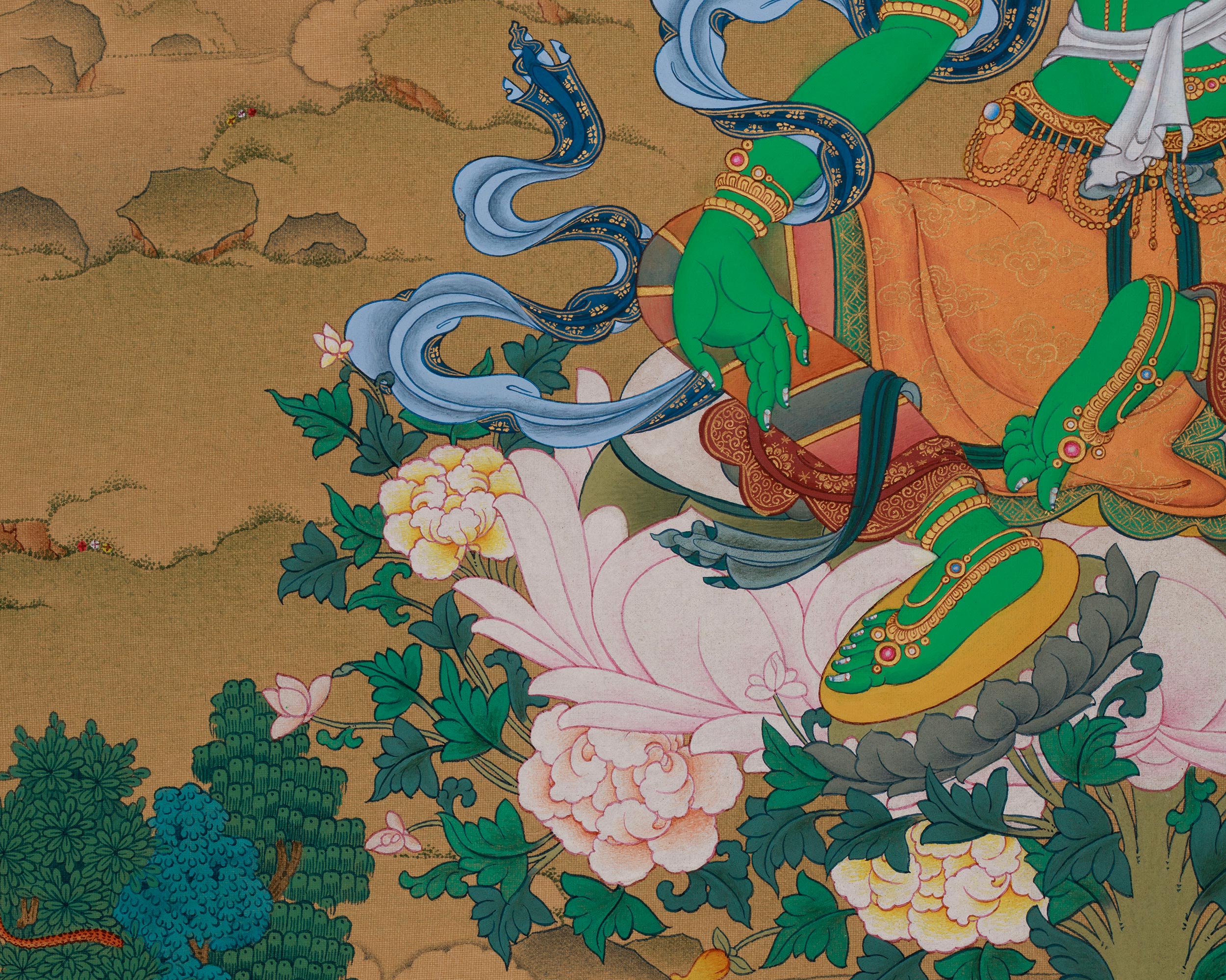 Divine Thangka of Green Tara with Amitabha Buddha | Goddess of Compassion