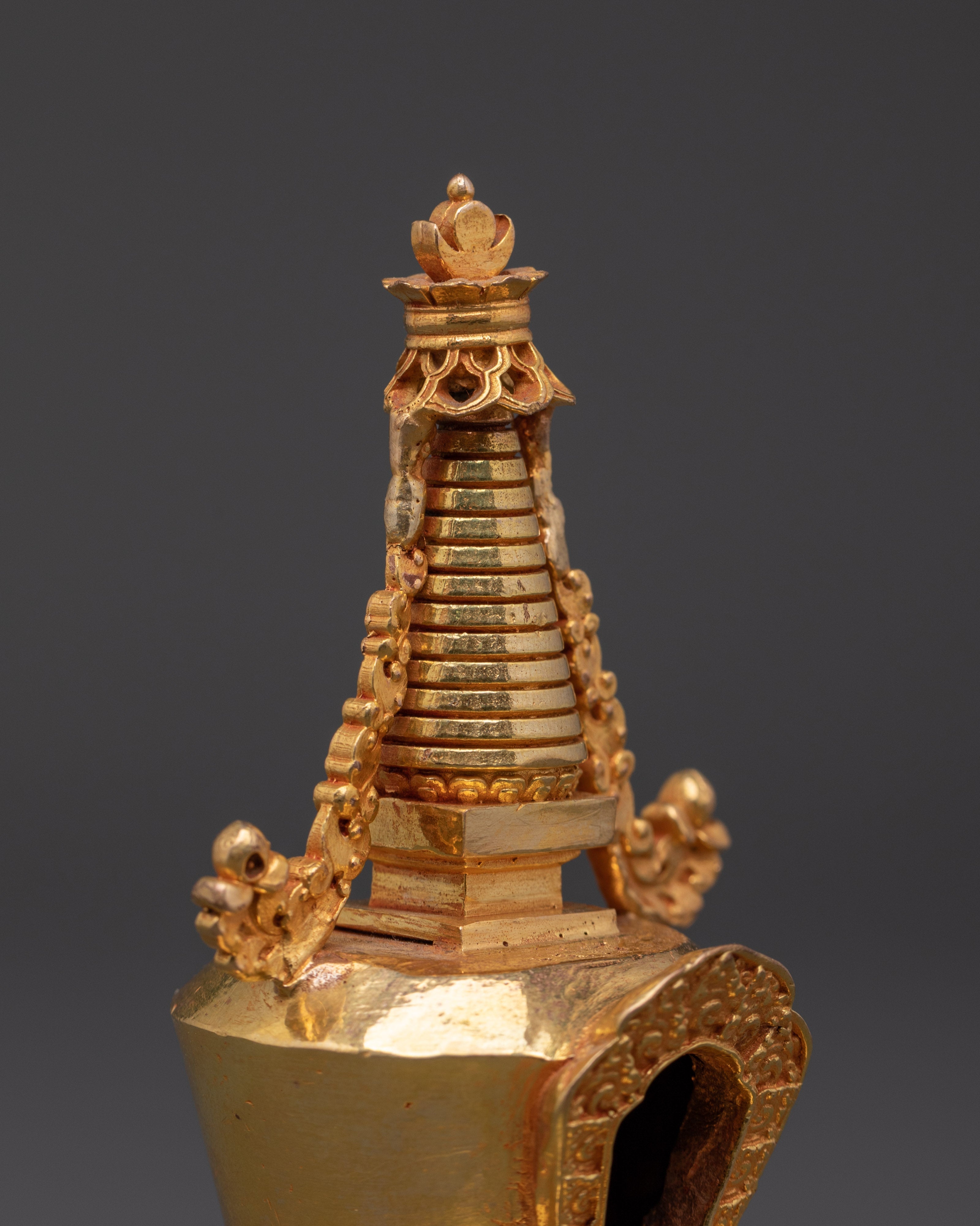 Buddhist Gold Plated Stupa Mound | Sacred Copper Altar Decoration