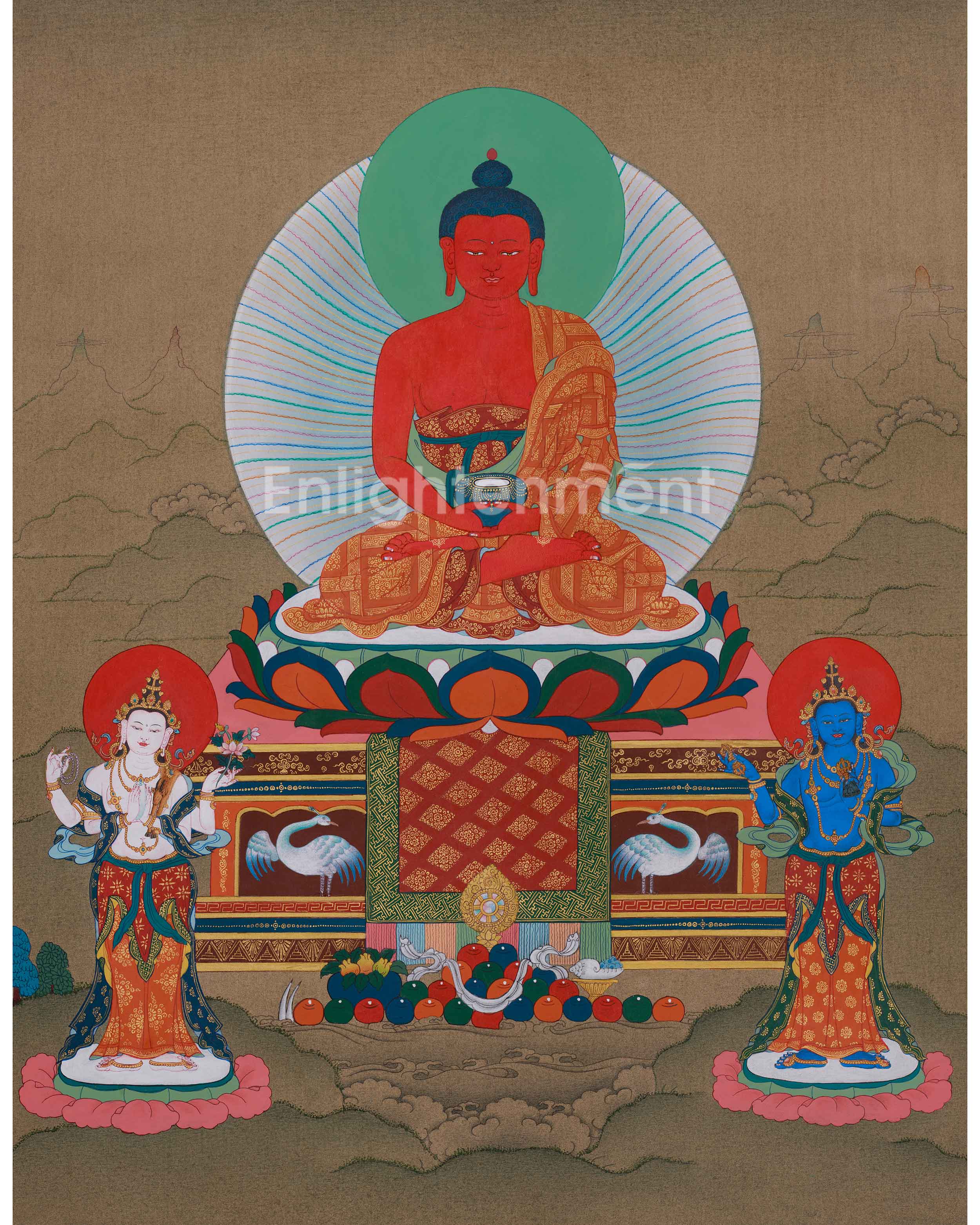 Amitabha Buddha with Chenrezig and Vajrapani | Tibetan Bodhisattva Thangka