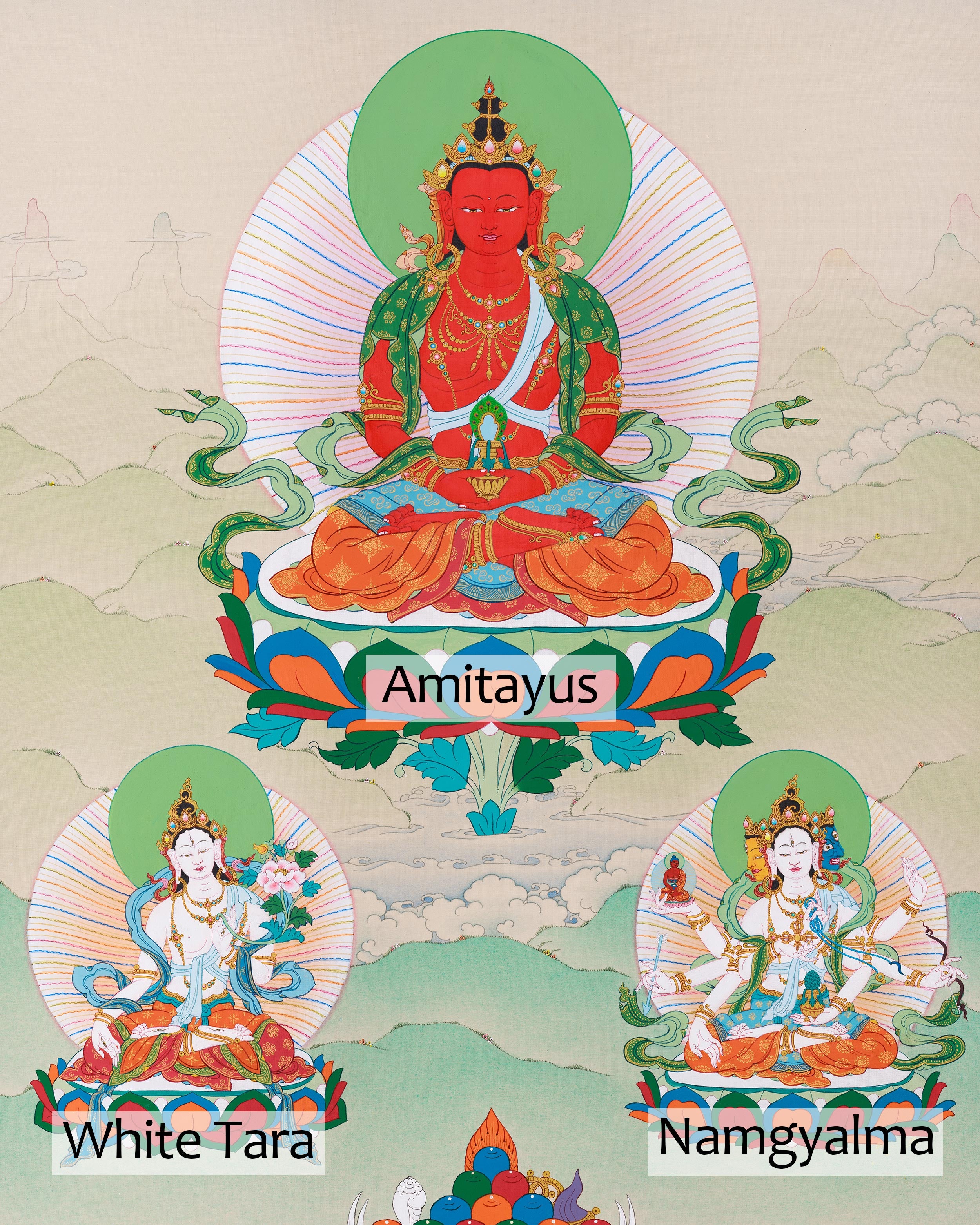 Amitayus with White Tara and Namgyalma Painting | Tibetan Art of Longevity Deities
